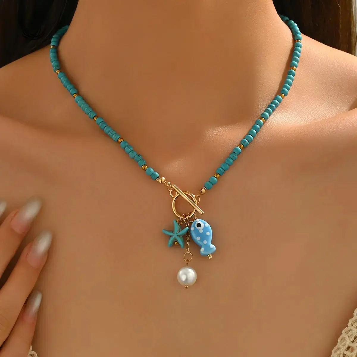 Ocean Themed Jewelry Set Turquoise Beaded Necklace Bracelet And Anklet With Starfish Fish And Pearl Charms Beach Inspired Three Piece Set For Women Summer Accessories Boho