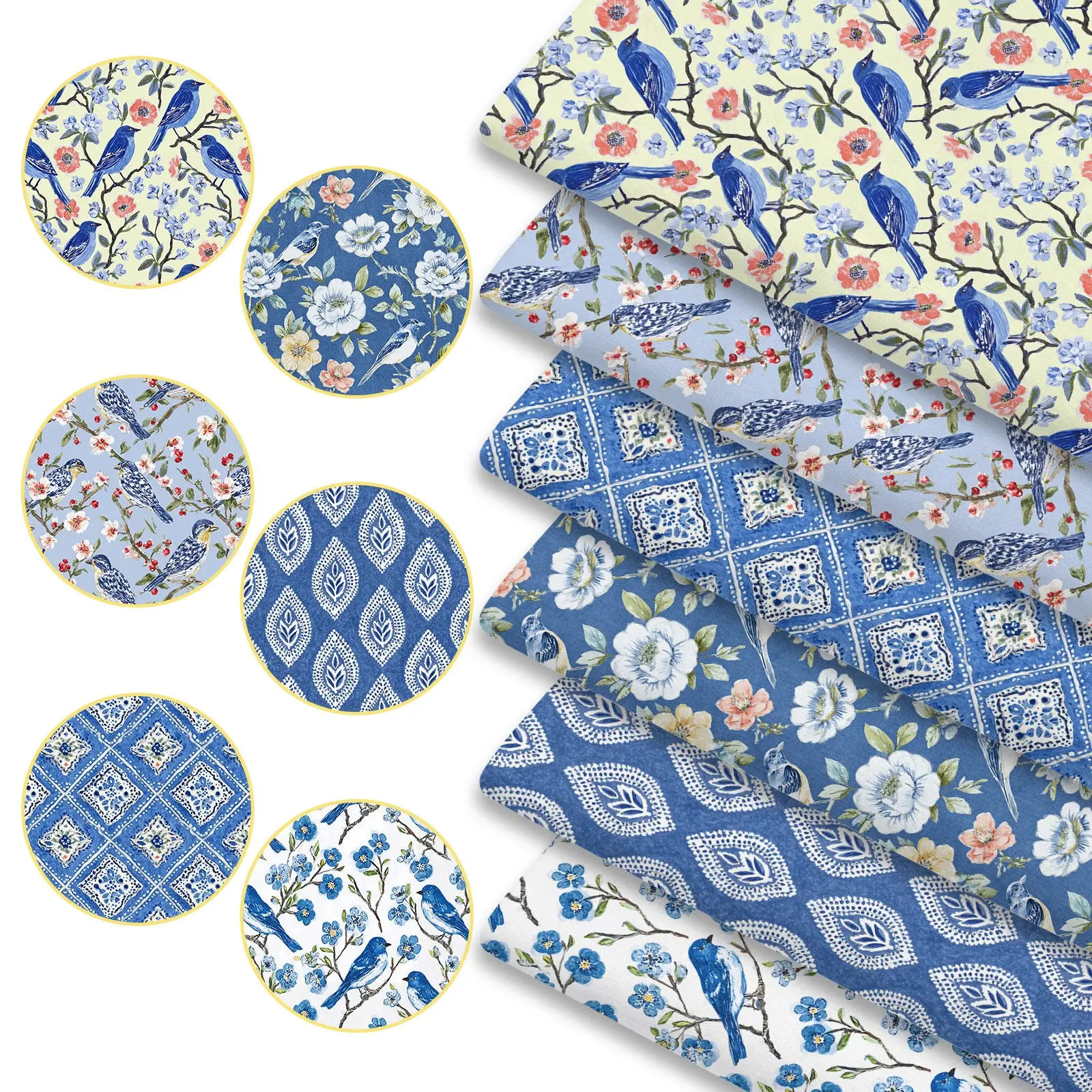 6pcs Chinoiserie Blue And White Porcelain Print Fabric Bundles, 45cm*50cm/19.69in*17.72in Traditional Chinese Style Casual Fabric Squares for Quilting, Patchwork Sewing Material for Bedding, Tablecloth, Bags, Masks, Hats, Headbands, Pillowcases