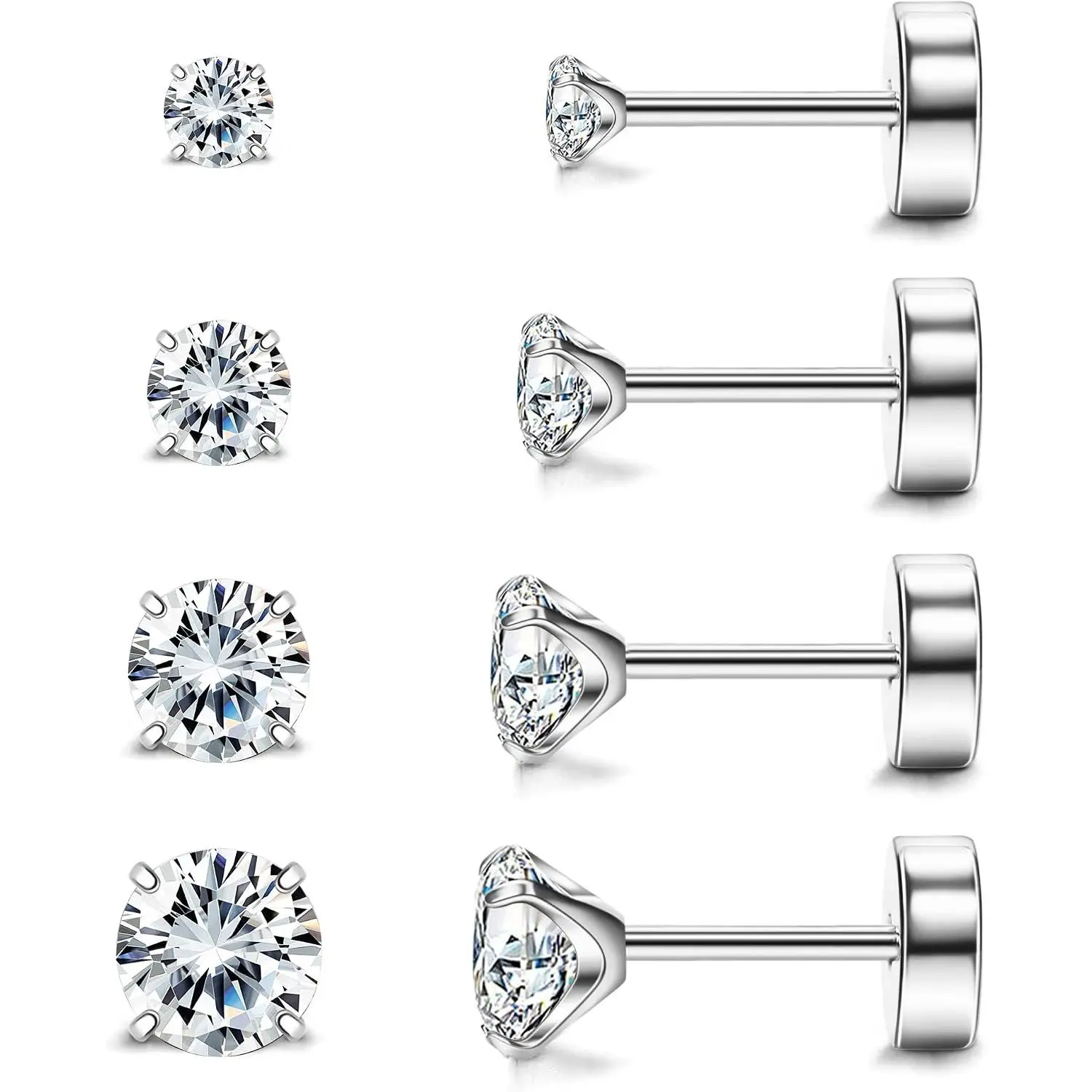 Titanium Flat  Stud Earrings –  20G Screw  CZ | G23 Titanium Stud Earrings,20G 0.8mm Flat ,Implant Grade Nickel Free,Cartilage Lobe  for  Ears,2-5mm CZ