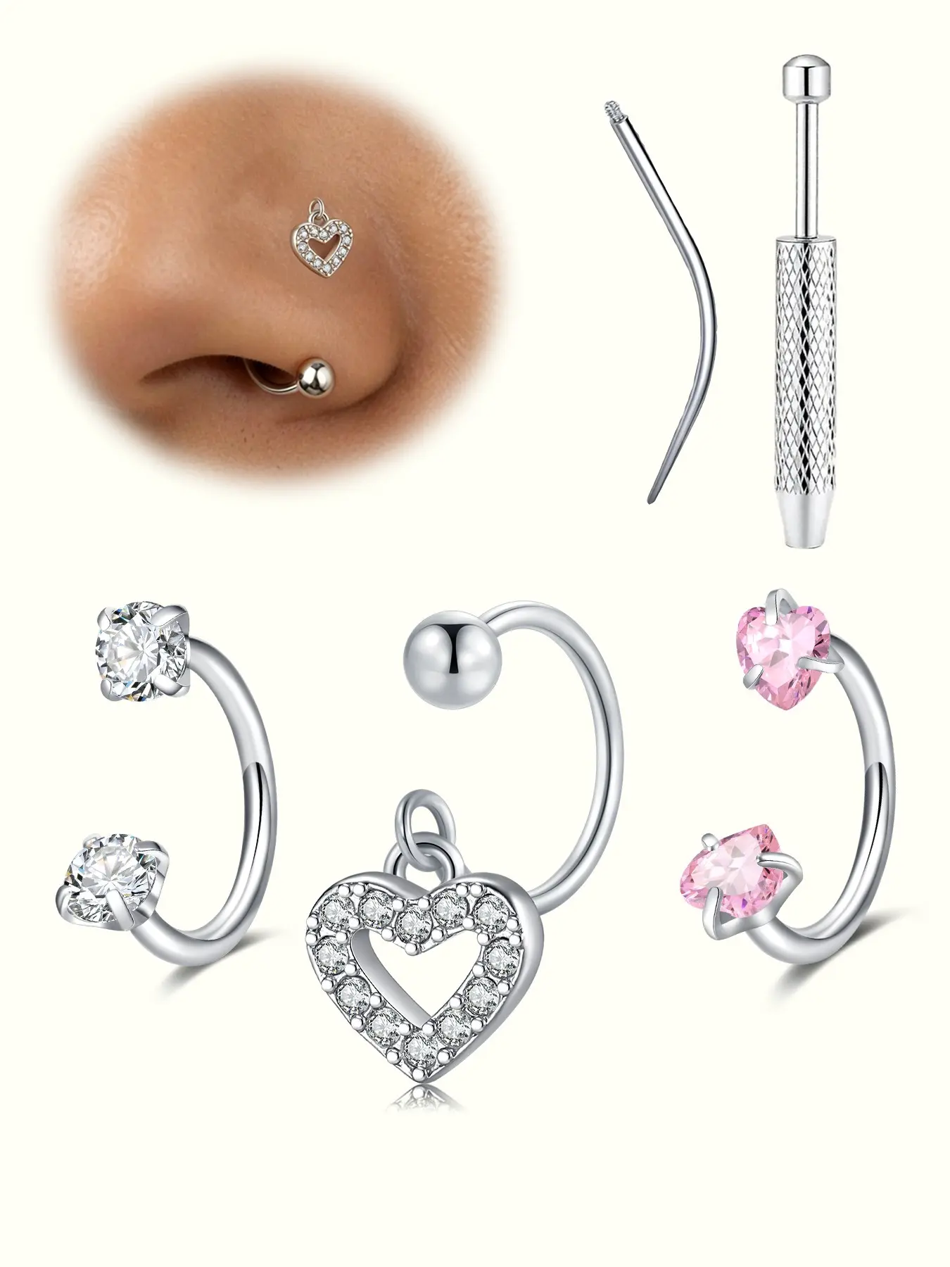 Hypoallergenic Cz Cubic Nose Ring, Helix Pierced Ring, Surgical Steel Internal Thread, Tragus Helix Cartilage Conch Body Piercing Jewelry, Includes Piercing Ball Grabber Tool, Nose Rings Set