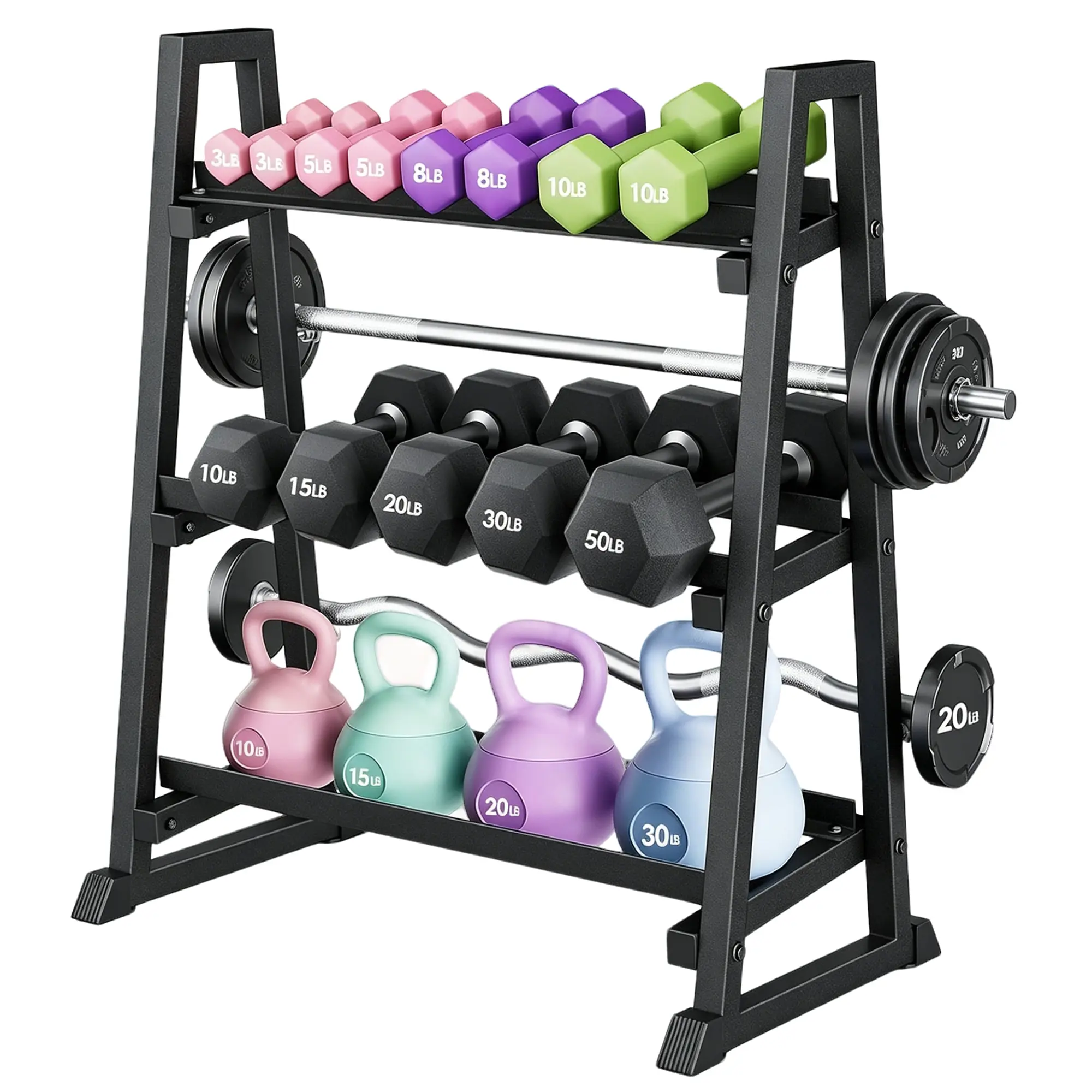 Heavy Duty 3-Tier Dumbbell Rack for Home Gym - 1300LB Steel Weight Storage Stand - Space-Saving Organizer for Dumbbells, Kettlebells, Barbells & Plates - Trapezoid 3-Layer Combo