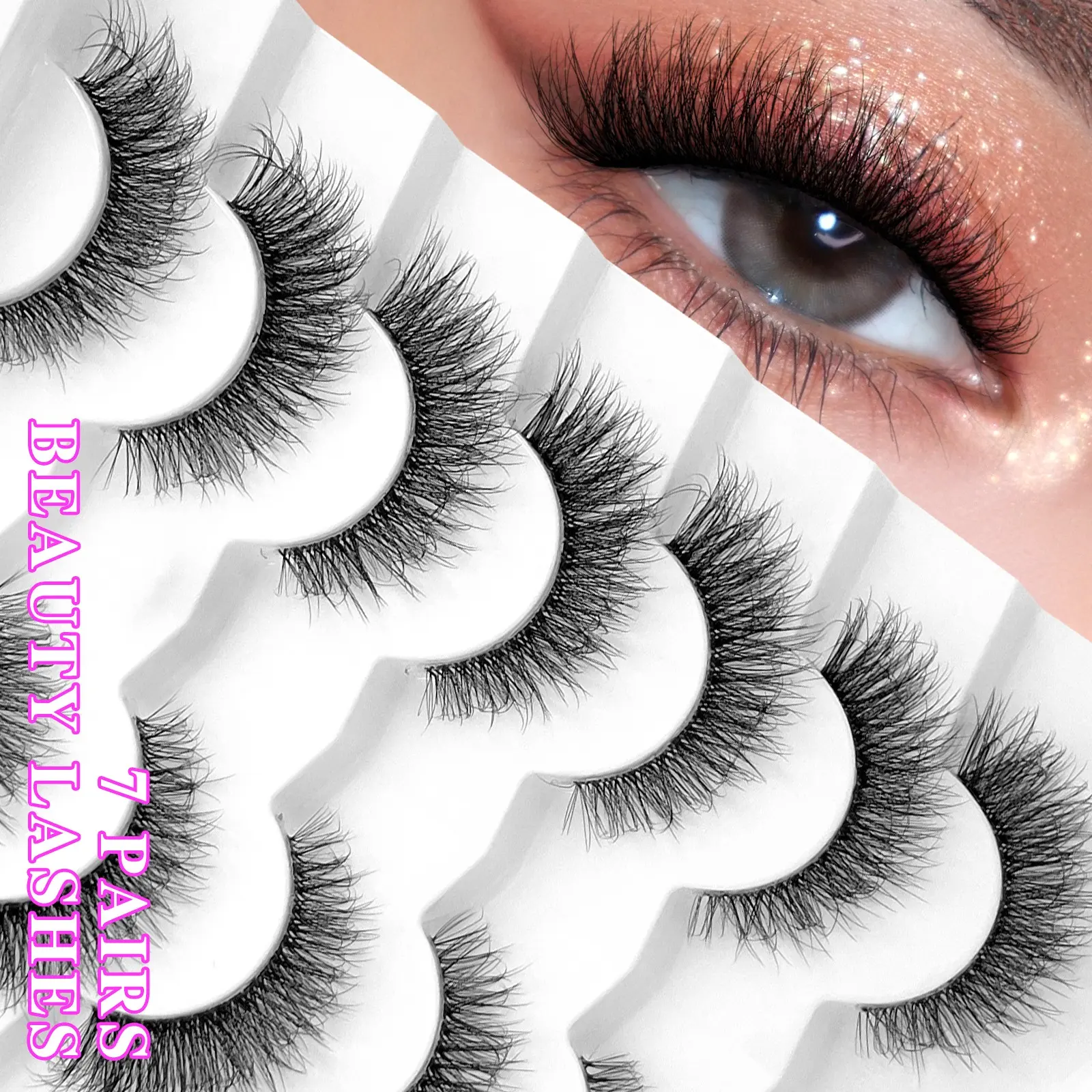 7 Pairs Luxurious Faux Mink Lashes With Clear Band Winged Lashes Natural Cat-Eye Look, Reusable & Comfortable, Perfect For All Occasions