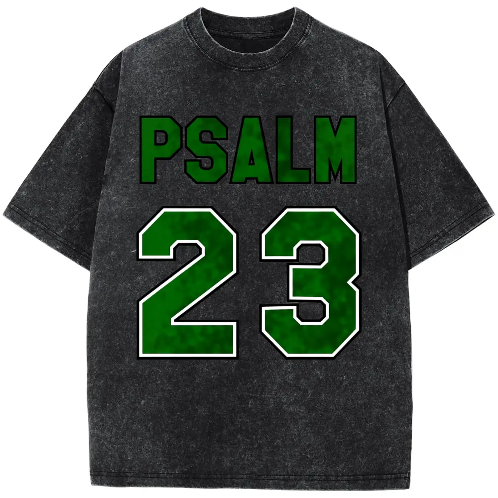 Unisex Psalm 23 Graphic Print Retro T-Shirt - Premium Jersey, Short Sleeve Crew Neck, Bold Green Lettering, Soft Breathable Fabric, Ideal for Holiday Parties, Gift-Giving, Round Neck, Casual Fit, Washed, Street, Relaxed Cut Layers Easily Over Tees, Faith-
