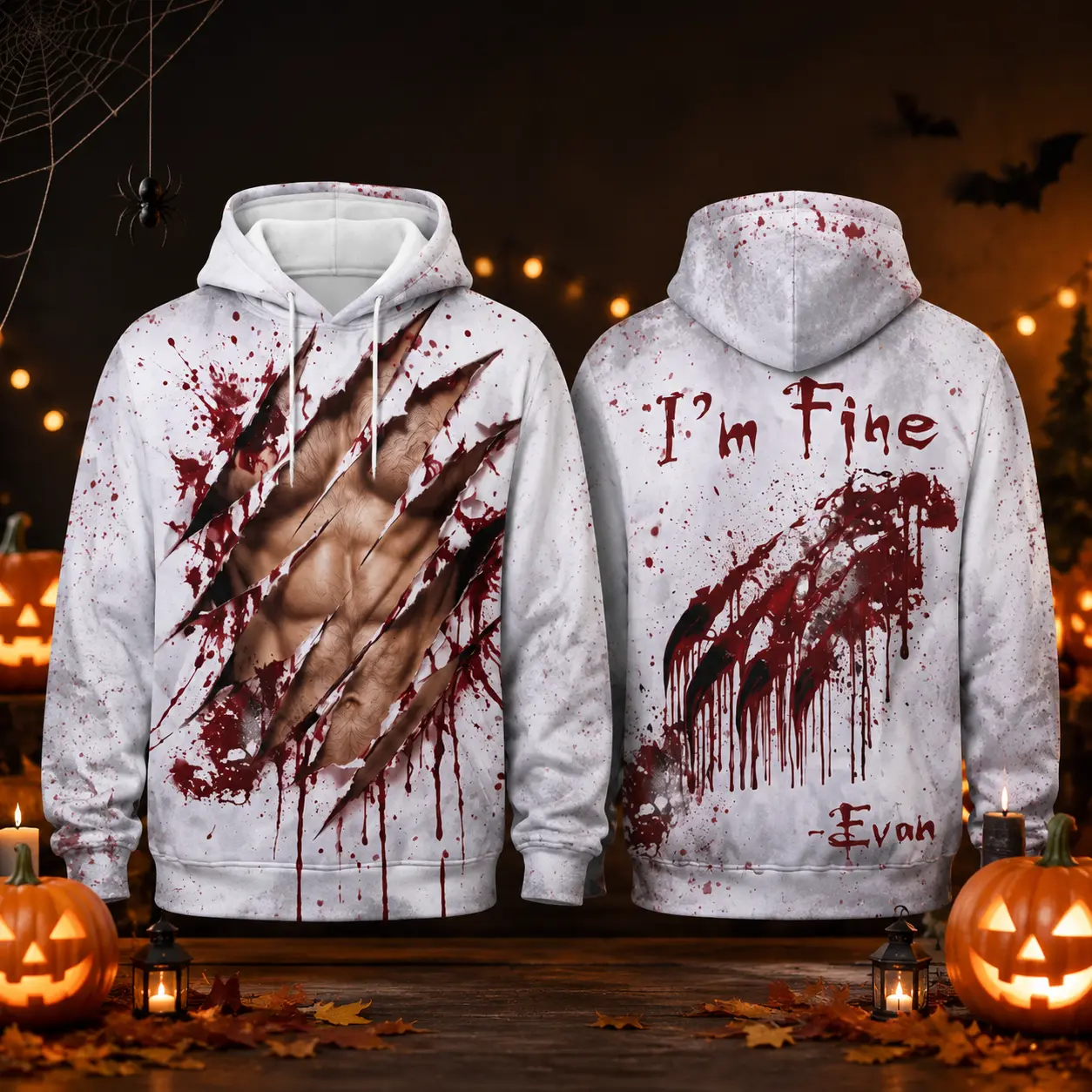 Unisex Spooky I'm Fine Scratch‑Tear Effect Graphic Pullover Hoodie, Funny Bloody Claw Mark 3D Illusion Print Sweatshirt, Creepy Halloween Party Casual Long Sleeve Top