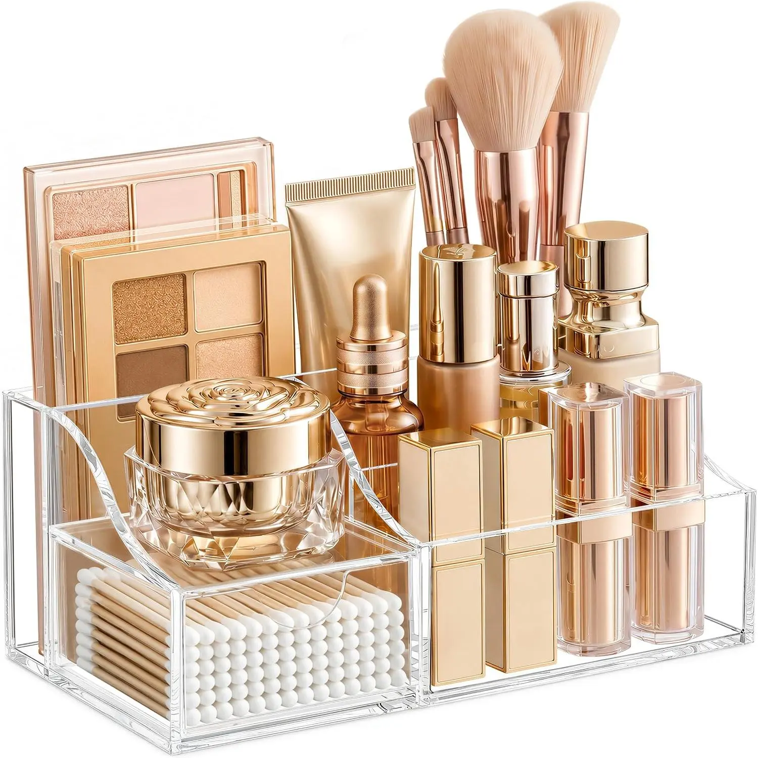 Makeup Organizer with Drawer –  Storage for , Bathroom Countertop & Dresser, Skincare Organizer with Brush Holder, Beauty Display Case, Clear