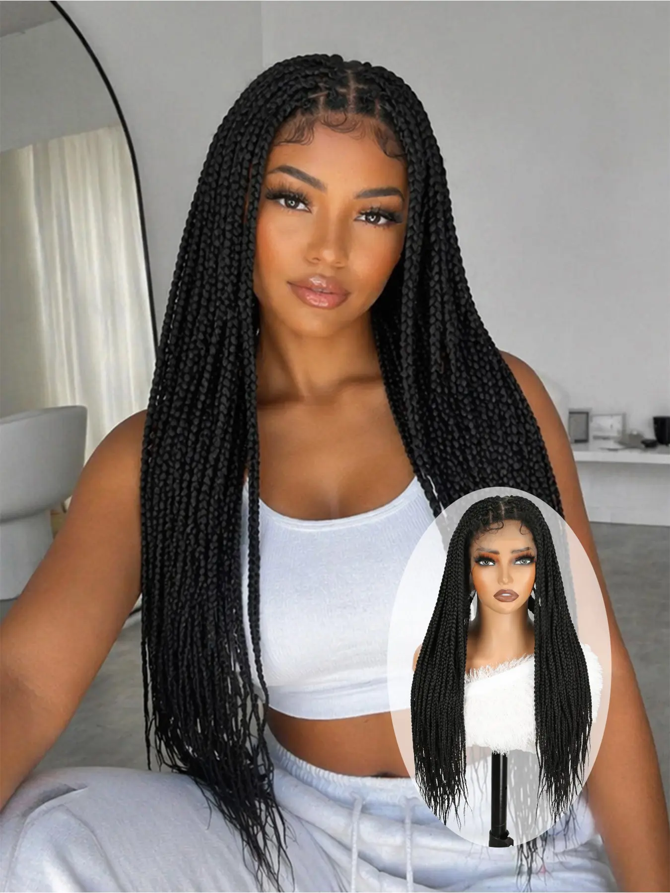 28 Inch Black Hand Woven Box Braid Hair Wig, Breathable Synthetic Full Head Braids Wig with Adjustable Straps & Combs Full Lace Braided Wigs,Perfect for Daily Parties Cosplay Halloween And Christmas