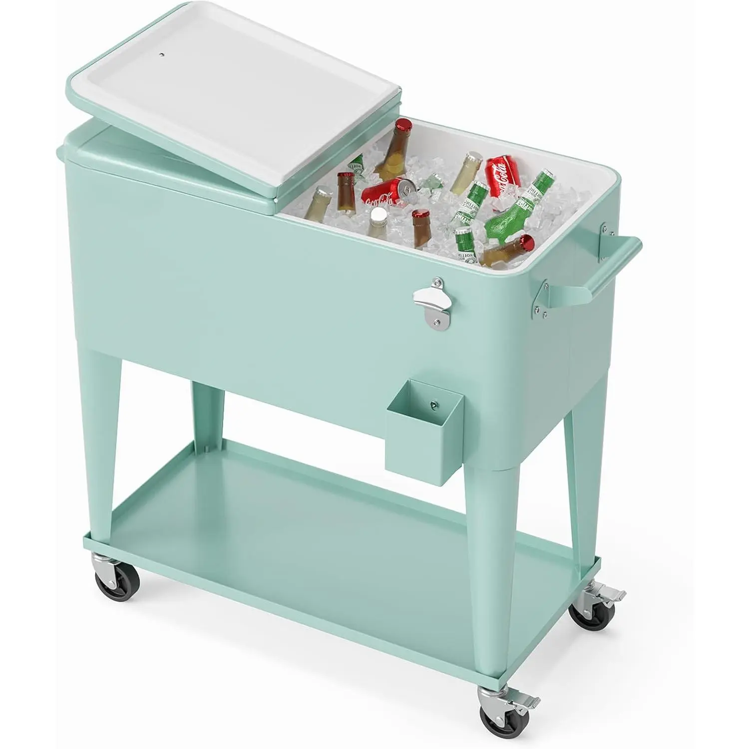 Rolling Ice Chest, Portable Patio Party Bar Drink Cooler Cart, with Shelf, Beverage Pool with Bottle Opener