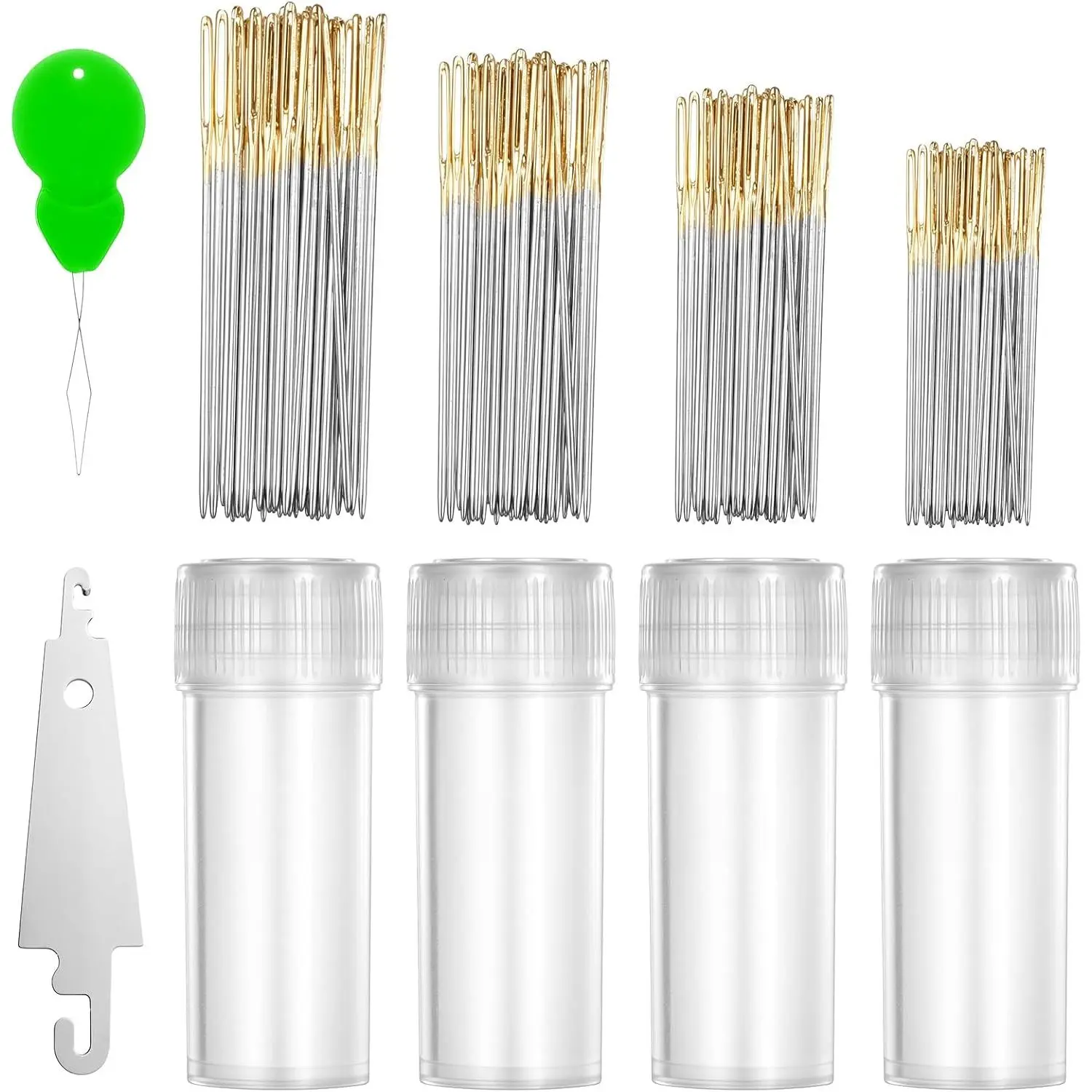 120 count    22 & 24 & 26 & 28 Gauge Golden Stainless Steel Large Eye  Embroidery Hand Sewing  in Clear Box with 2  Threader