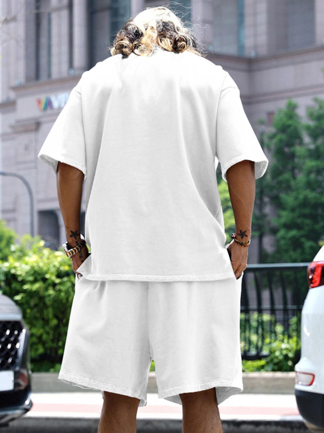 Men's Summer Casual Set, Pure Color Round Neck Short Sleeve Knit Tee & Shorts, Classic Loose Fit Sportswear, Comfortable Daily Wear Outfit Men's Summer Casual Set, Pure Color Round Neck Short Sleeve Knit Tee & Shorts, Classic Loose Fit Sportswear, Comfortable Daily Wear Outfit