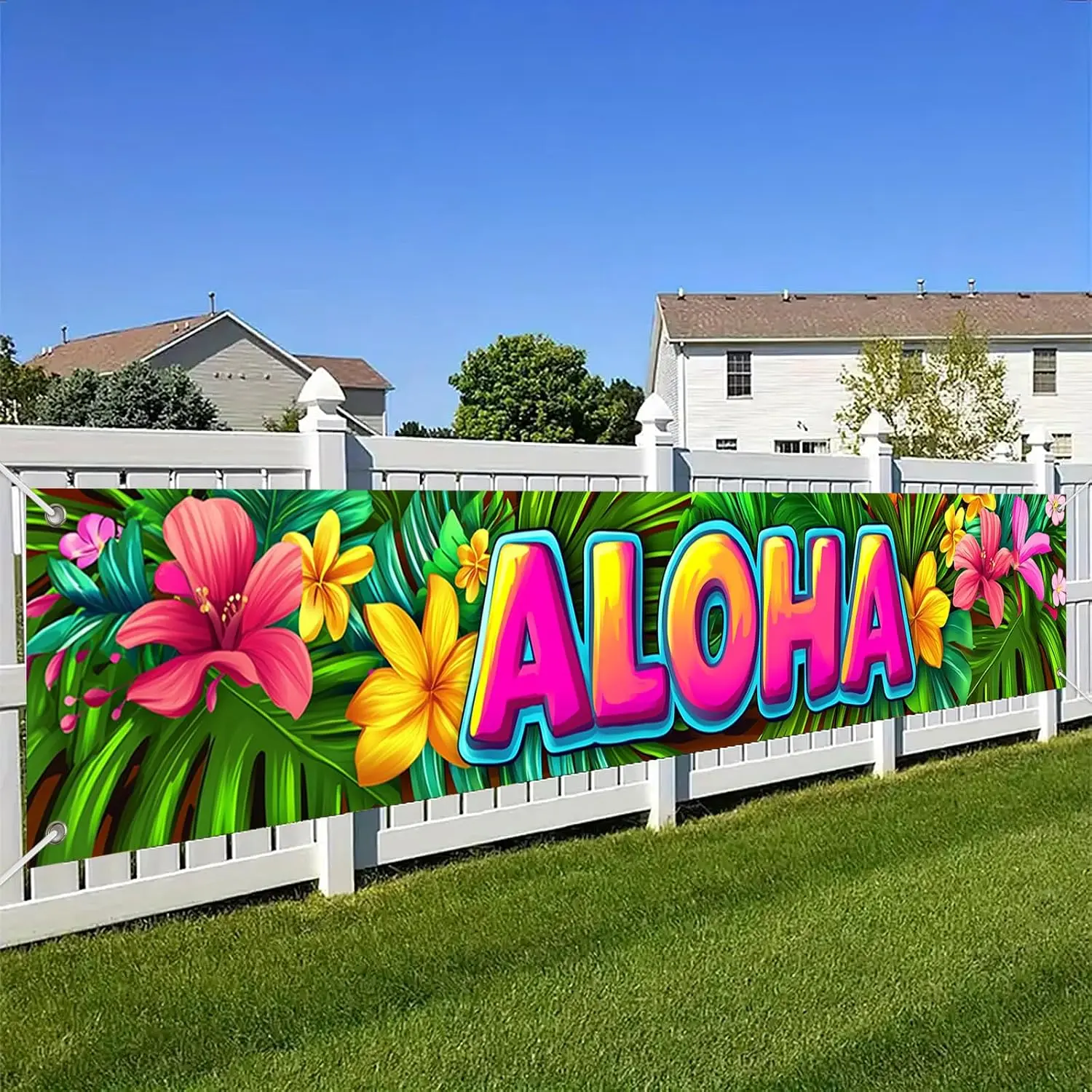 Polyester Lightweight Reusable Vibrant Palm & Hibiscus Aloha Flowers Banner (118x20in) with Ribbon & Letters - Dog & Cat Pet Hawaiian Luau Birthday Wall Decor, Tropical Outdoor Photo Booth Backdrop Sign