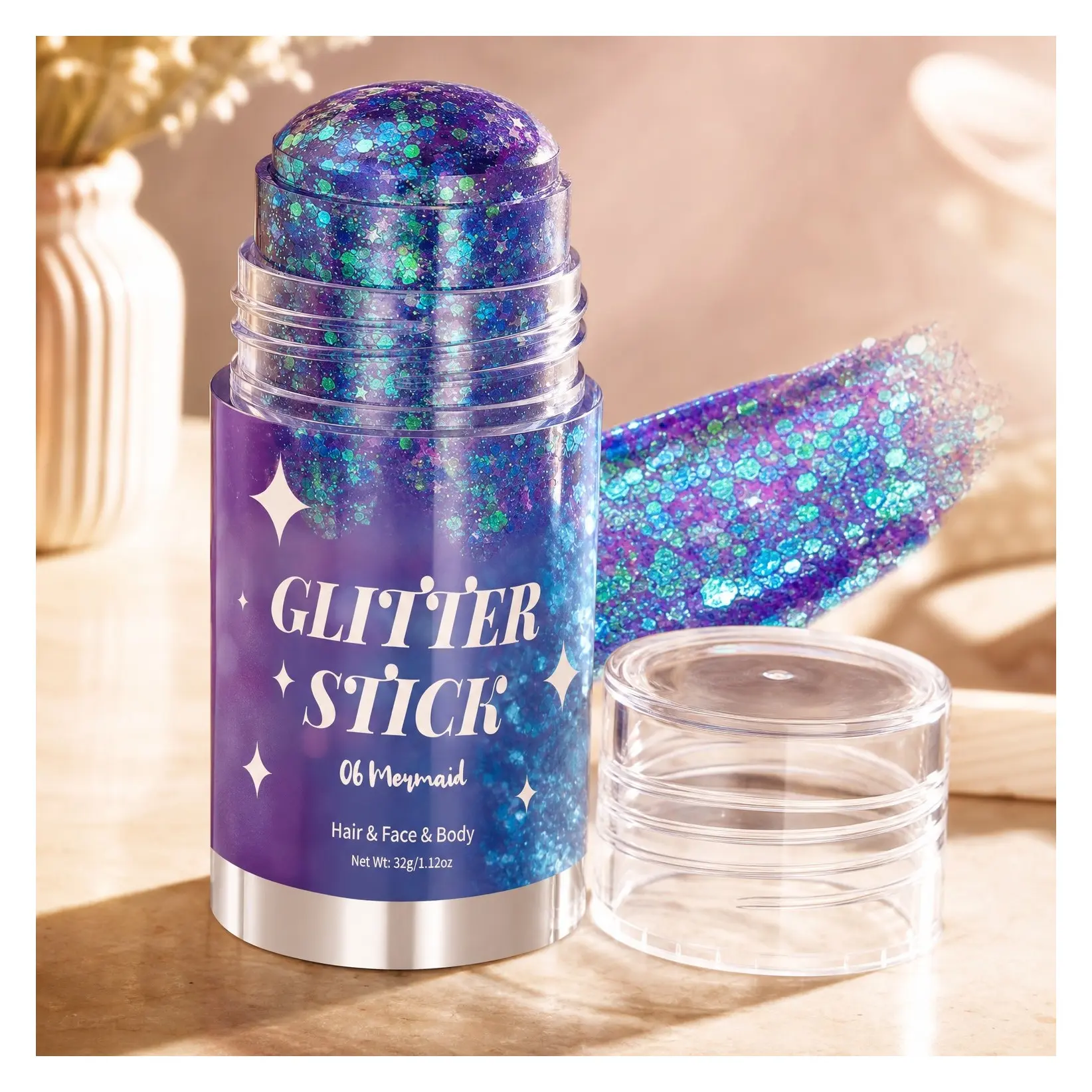 Mermaid Body Glitter Stick, Sparkly Hair & Face Glitter Makeup for Women, Holographic Face Paint Stick for Rave Outfits and Halloween Makeup, 1.12 ozGift