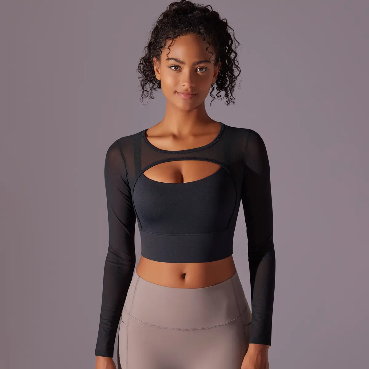Women's Athletic Crop Workout Top - Layered Breathable Mesh Blend, Long Sleeve, Front Cutout, Built-in Bust Support, Crop Waist, Sporty Chic, Multi-Size for Yoga & Gym, Workout Tops