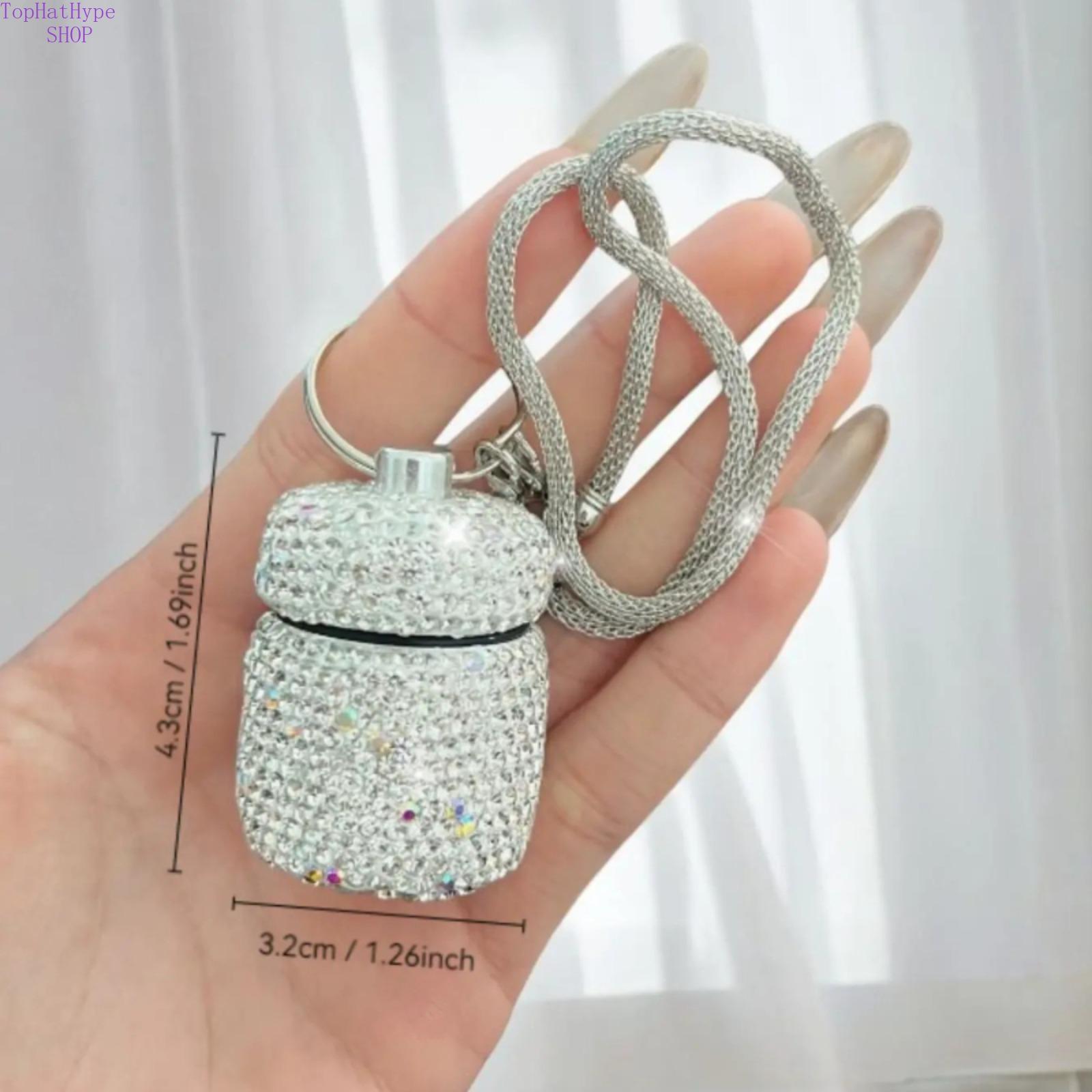 Bling Rhinestone 10ml Portable Pill Bottle, Mini Cute Aluminum Alloy Storage Container with Keychain, Sparkly Waterproof Travel Size Jar for Pills & Small Items