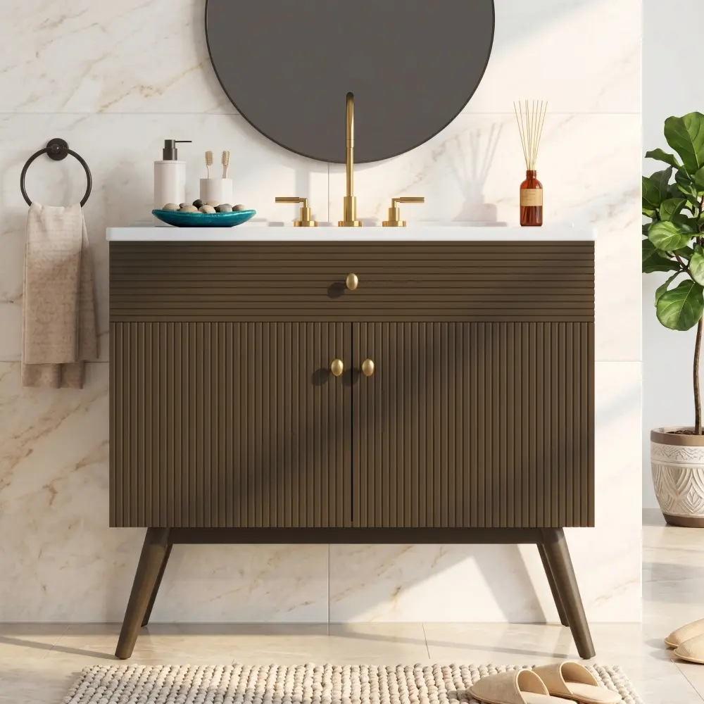 36 Inch Luxury Bathroom Vanity with Ceramic Sink, Modern Striped Cabinet Design, Soft Close Double Doors Storage Vanity Set, Freestanding Bathroom Sink Cabinet with Premium Countertop, Dark Brown Wood Finish, Elegant Bathroom Furniture for Home Renovation