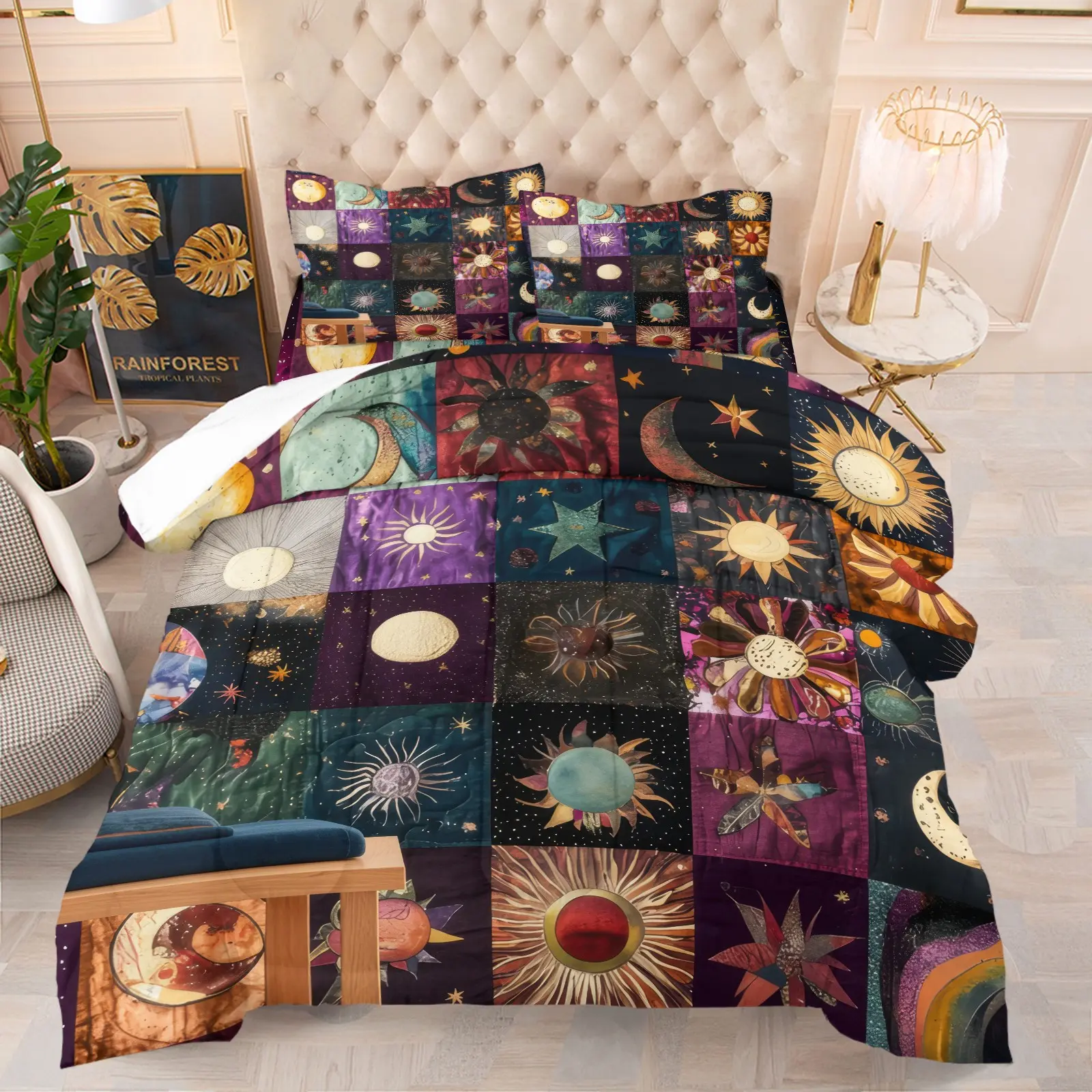 Mystic Celestial Sun Moon Patchwork Print Comforter Set, Includes 1 Comforter and 1‑2 Pillowcases, Vintage Witchy Planet Star Pattern Print, Gift for Kids, Teens and Adults, Astrology‑themed Gift for Spiritual Fans, Printed Bedding Set