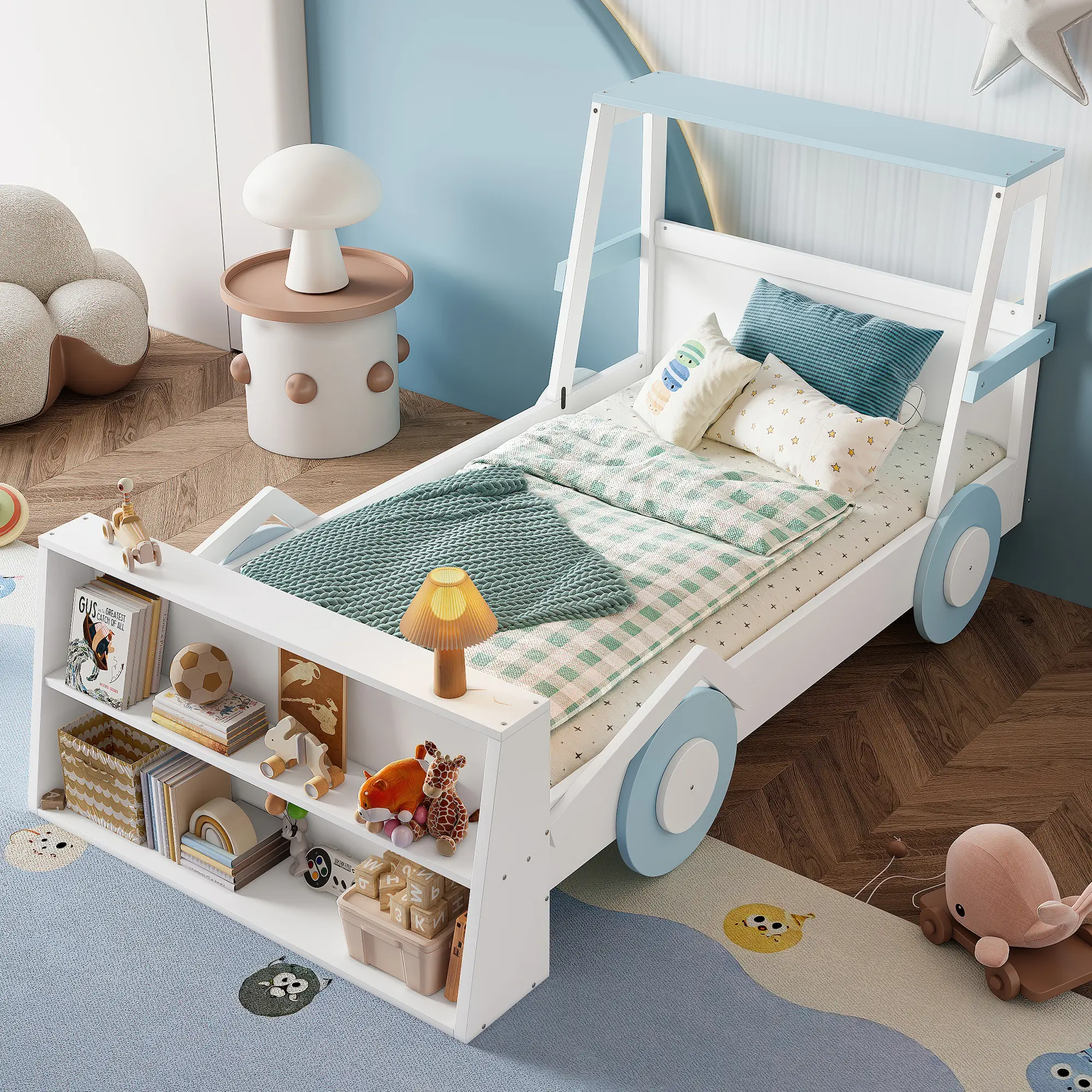ARCH Twin Size Kids Car Bed with Storage Shelves, Blue & White Race Car Platform Bed Frame for Boys Girls, Low Montessori Floor Bed with Protective Side Panels, MDF Pine Plywood Construction, No Box Spring Needed, Easy Assembly, Twin Size Options
