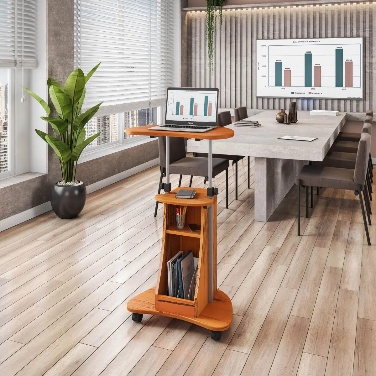 Sit-to-Stand Rolling Laptop Cart - Adjustable Height, Woodgrain MDF Panels, Storage Shelves for On-Site Computer & Office Use