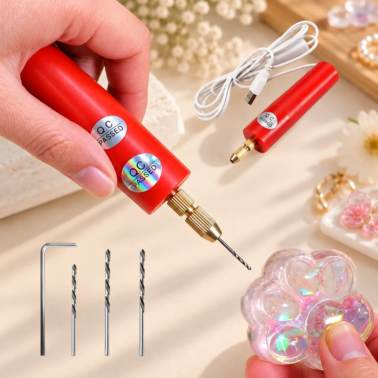 USB Powered Mini Electric Drill, Handheld Micro Drill with 0.7-1.2mm Precision Bits, Portable DIY Craft Tool for Resin/Wood/Acryl Jewelry Making, Keychains