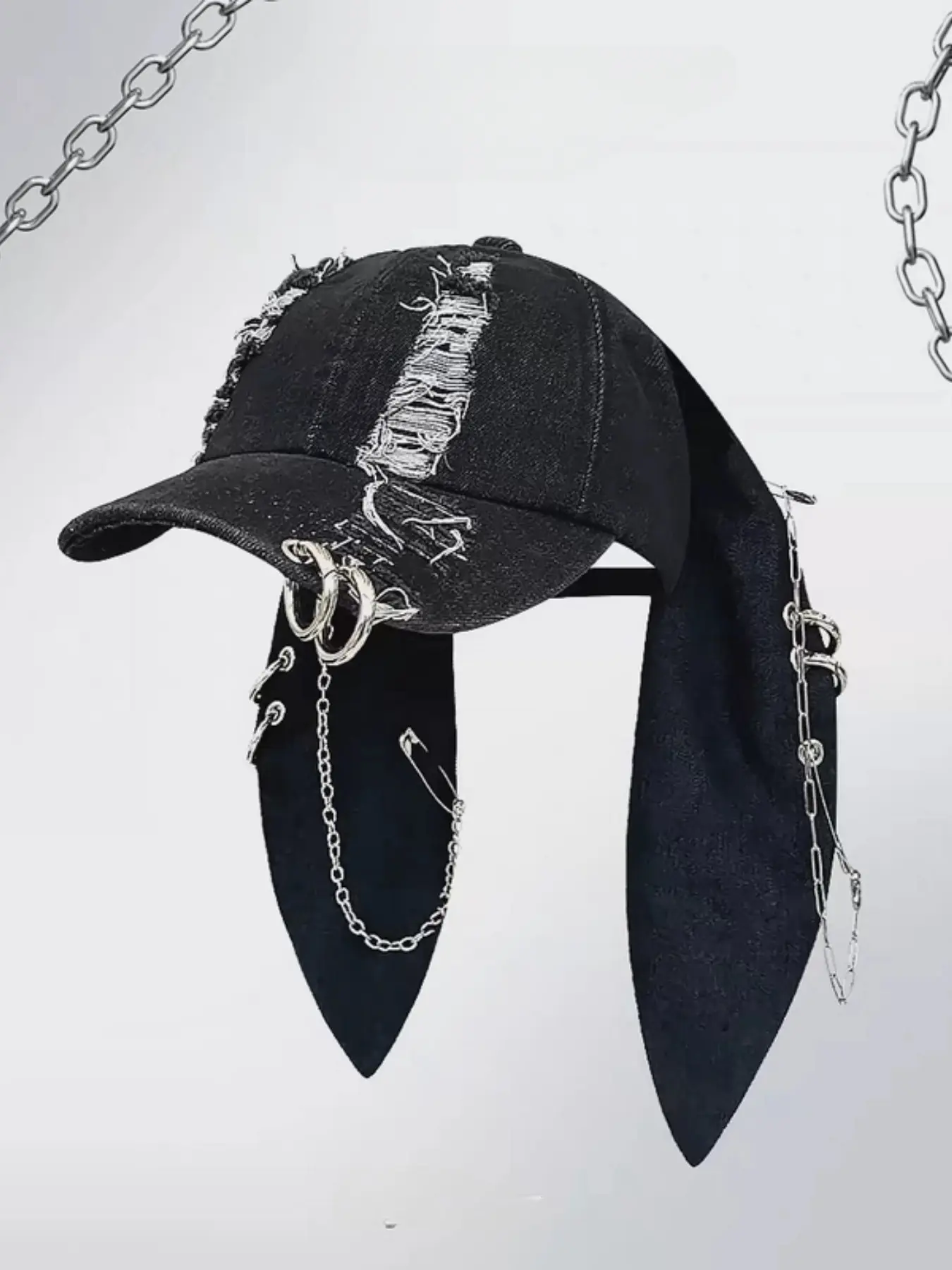 Unisex Wasteland Style Bunny Ear Baseball Cap, Street Fashion Cap, Punk Denim Adjustable Trucker Hat, Trendy Hat, with Chain, Streetwear Hip Hop Costume for Halloween Party, Stylish Hat