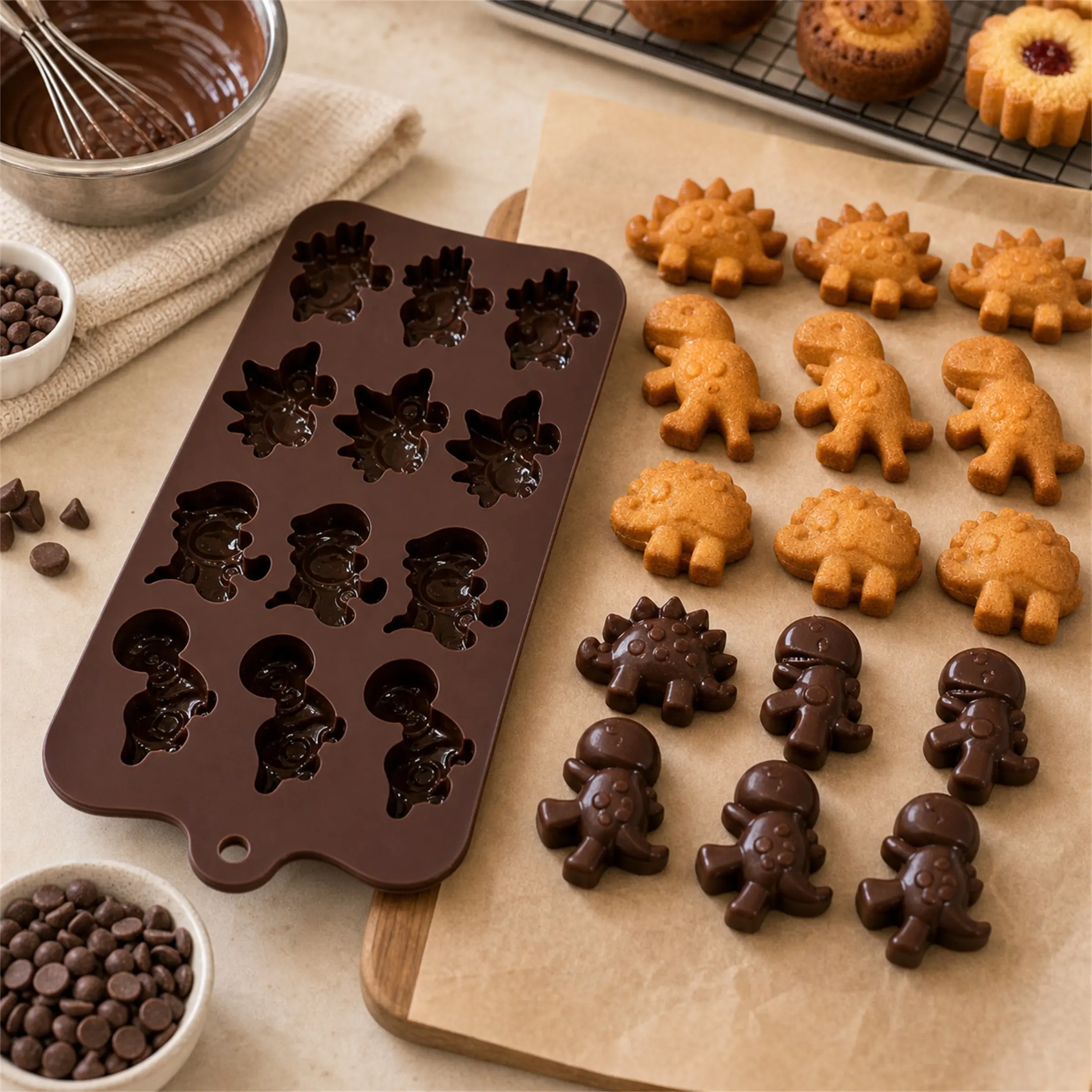 12-Cavity Dinosaur Silicone Baking Mold with Dispenser, Ideal for Chocolate, Mousse, Jelly, Ice Cream, Gummies, Cake, Reusable, Perfect for Parties