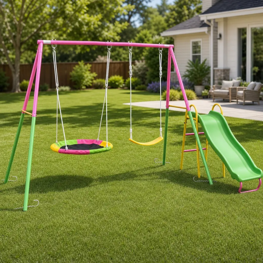 ARCH 3-in-1 Heavy-Duty Metal Swing Set with Slide, Saucer Swing, Belt Swings, Pink Steel Frame Outdoor Backyard Playground Playset for Kids, Garden Patio Fun, ASTM Safety Certified, Easy Assembly, Pink Color Options, Steel Material