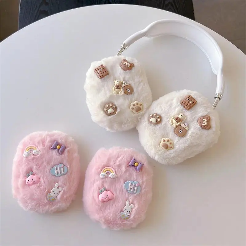 Korean Cute Rainbow Rabbit Bear Plush Headphone Cover For Apple Airpods Max Case Soft Fur Fluffy Headset Cases For Airpod max
