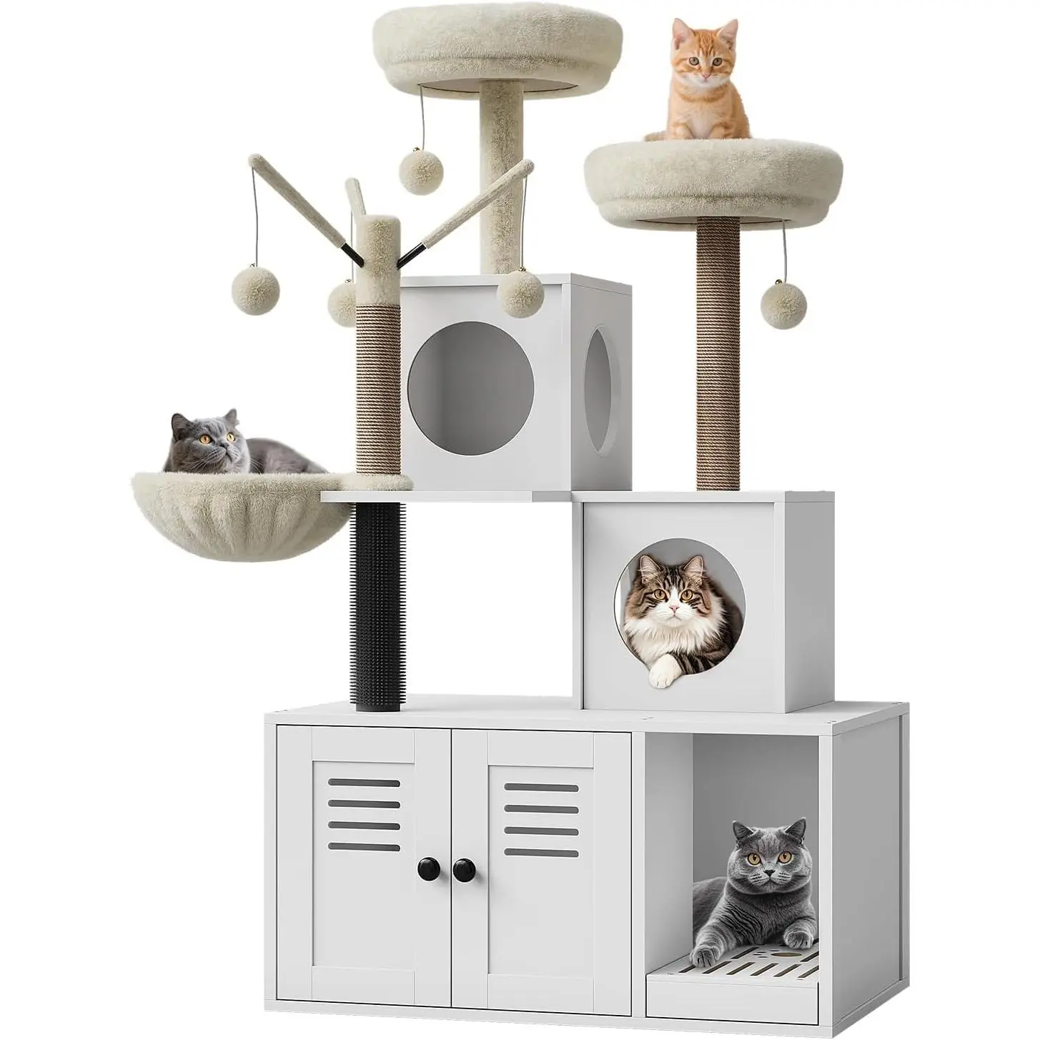 2-in-1 Modern Cat House, Hidden Litter Box Enclosure Integrated Cat Tree Tower with Condo, Hammock, Scratching Posts & Soft Perches, Stylish Multi-Functional Pet Furniture for Indoor Cats