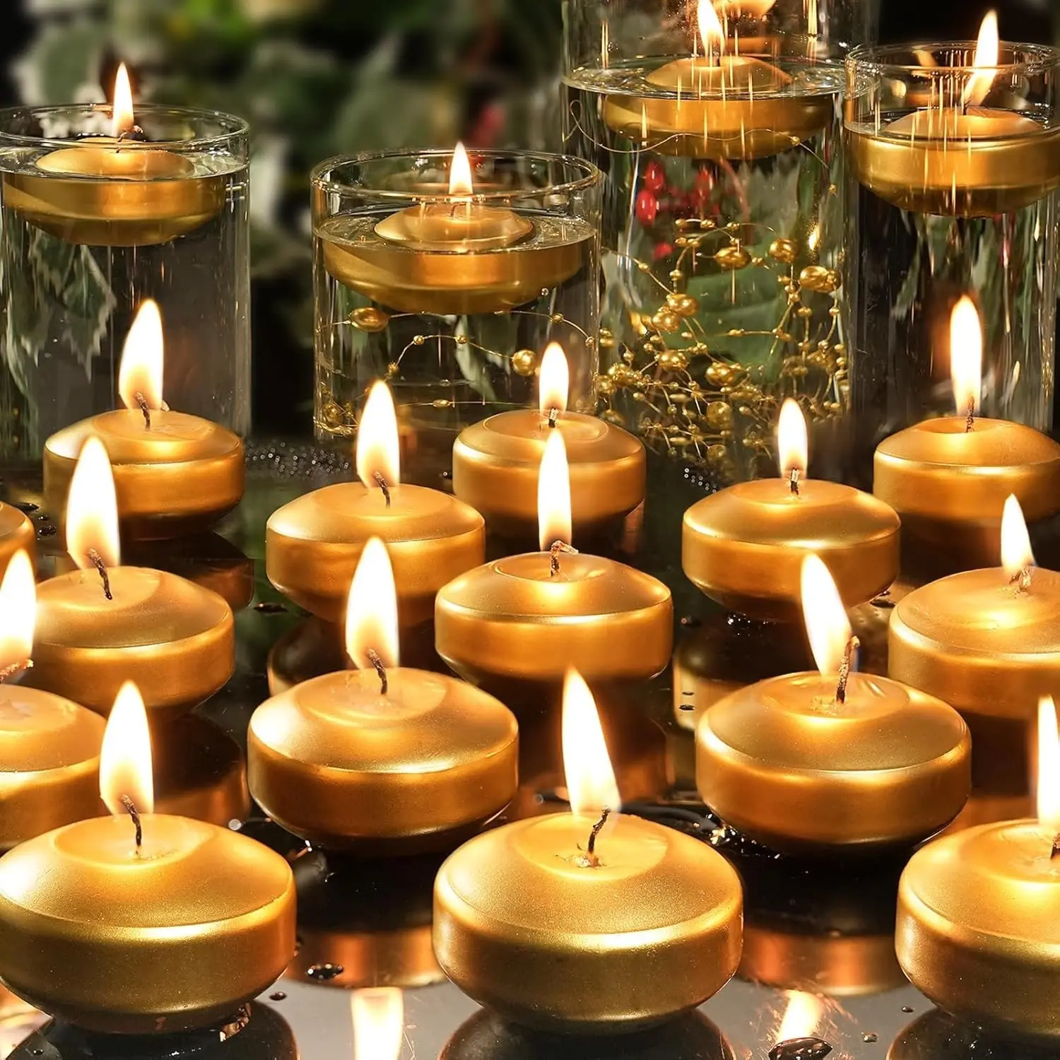 2 inch Gold Floating Candles, 48 Pack Unscented Floating Candles for Centerpieces,5-6 Hours Water Activated Candle Bulk for Cylinder Vases Wedding Pool