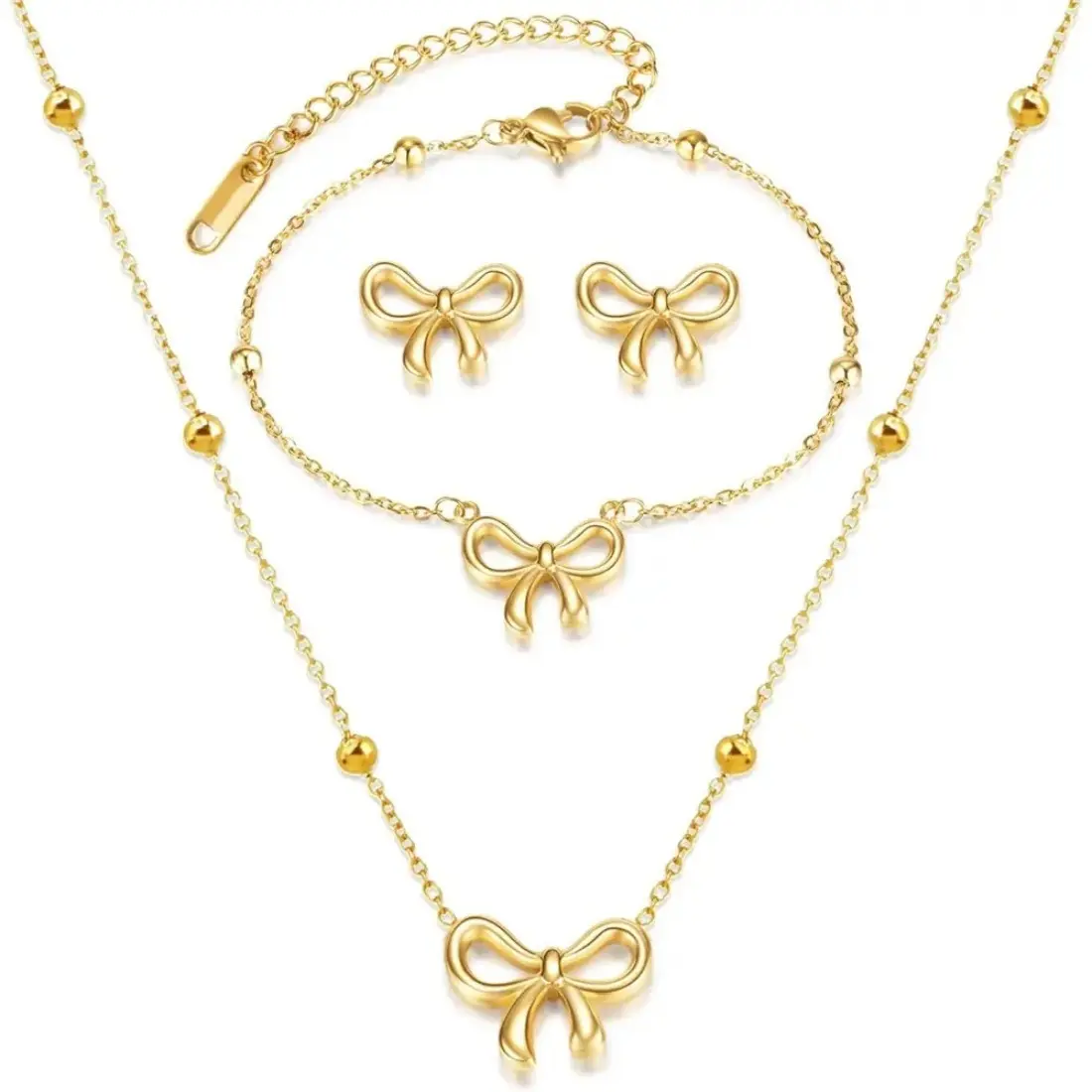 Elegant Gold Bow Jewelry Set - Stainless Steel Hook Earrings, Plastic Ribbon Pearl Choker Necklace, Bracelet with Exquisite Finish, Ideal Fashion Accessory Gift, Female, Bow Fashion Accessory Sets, 3Pcs Jewelry Set