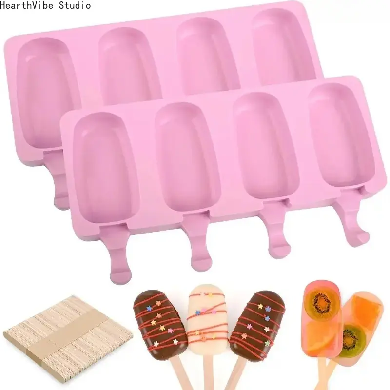 52Pcs BPA-Free Food Grade Silicone Ice Cream Molds Reusable Set, 2-Pack Easy-Release Nonstick Tray with 50 Wooden Sticks for DIY Kitchen Summer Party Cakesicles, Camping & Hiking Outdoor Gadget