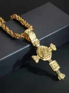 Golden cross necklace, three-dimensional relief of Jesus religious faith necklace, suitable for both men and women, retro, hip-hop and street style dressing, fashionable jewelry accessories for all seasons, great gift for Valentine's Day and Father's Day