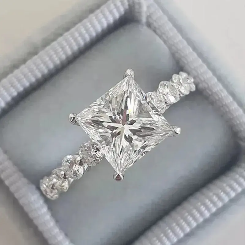 Women's Princess Cut Engagement Ring - Cubic Zirconia Band with Sparkling Pave Side Stones, Promise Ring for Special Occasions, Cubic Zirconia Ring