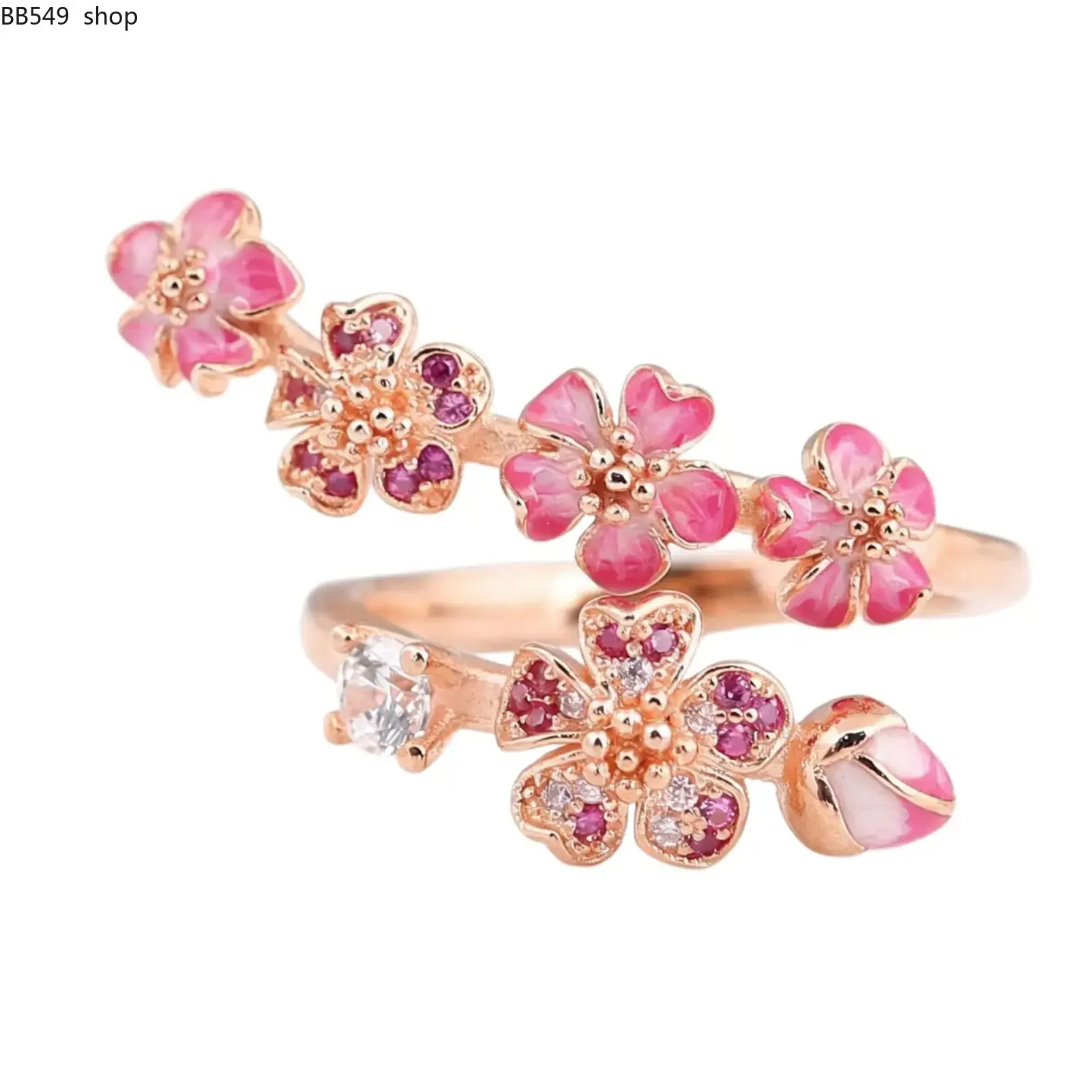 Elegant Peach Blossom Flower Ring for Women Adjustable Pink Floral Open Ring Rose Gold Minimalist Dainty Jewelry Gift for Her Everyday Cute Fashion Ring for BFF Girlfriend Wife Daughter Fade-Resistant