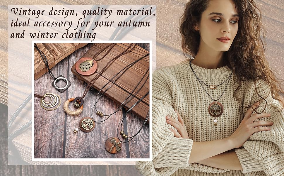 Adjustable 6Pcs Long Pendant Necklaces for Women Boho Vintage Wood Fall Sweater Necklaces Set Statement Feather Dragonfly Peace Sign Y Necklace Hippie Handmade Fashion Jewelry Accessories