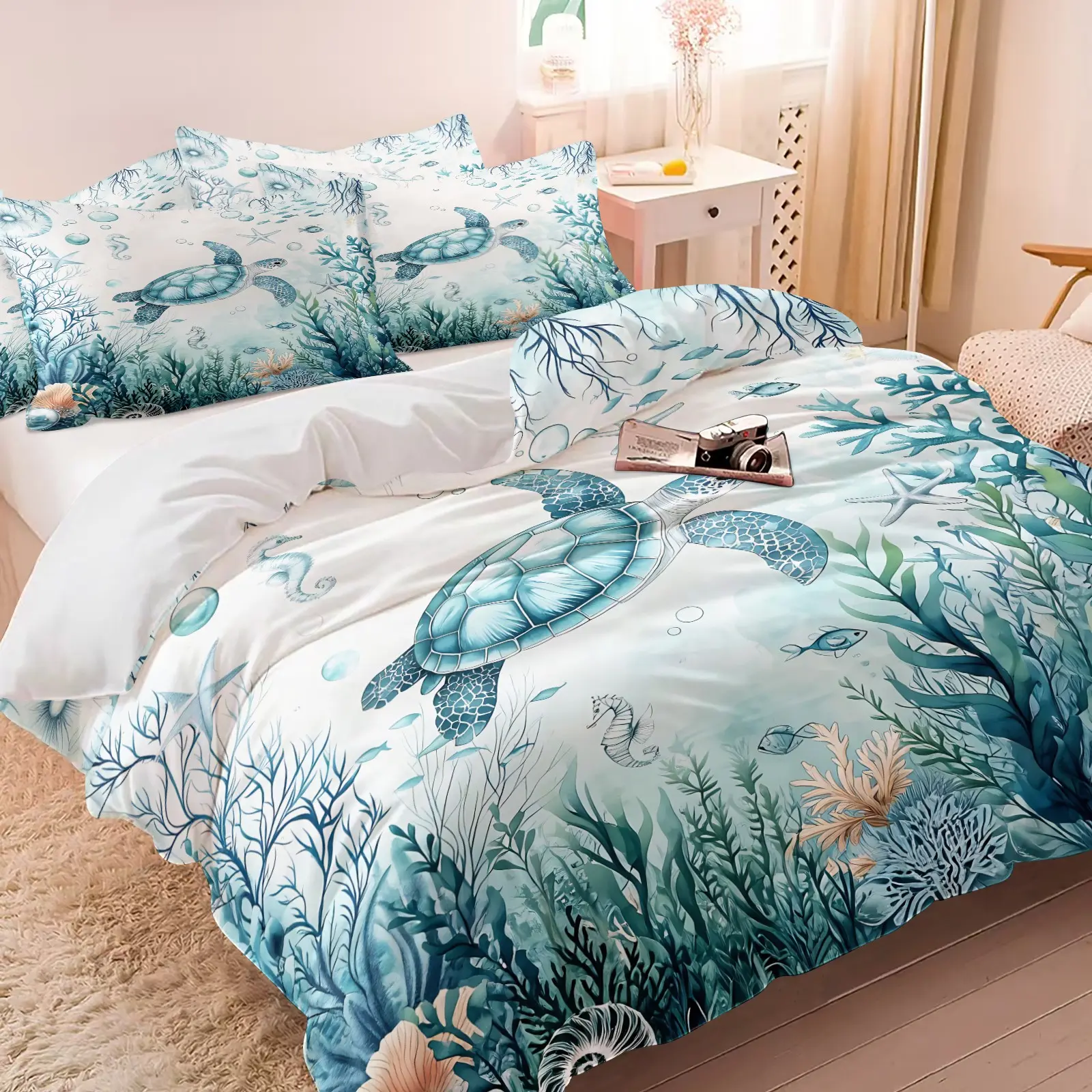 Ocean Turtle Watercolor Duvet Cover Set & 1-2 Coreless Pillowcases-Smudged Gradient Blue-Green Tones & Undersea Ecological Communities-Soft Comfortable Nordic Style Bedroom Decor Gift for Kids and Ocean Lovers