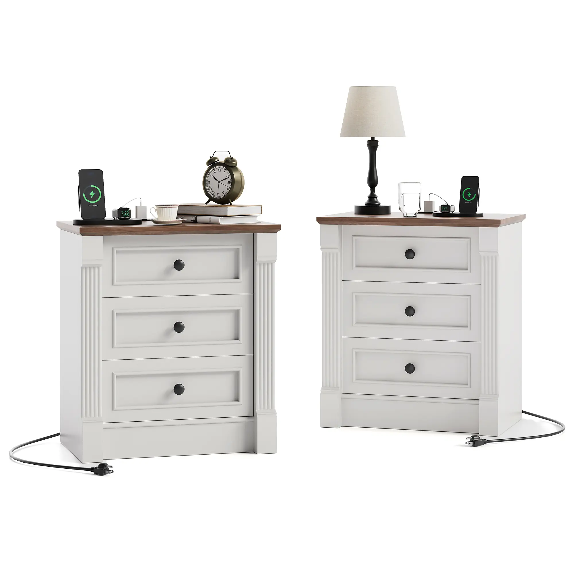 Farmhouse bedside table with Charging Station – 3 Drawers, Roman Column Design, Wooden Bedside Table, USB Port, Ample Storage for Bedroom or Living Room