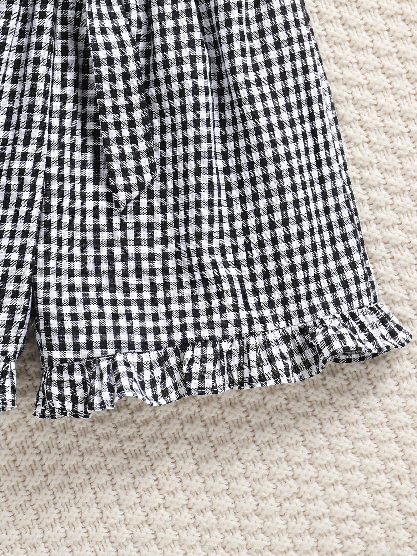 Girl's Plain Tank Top & Bow Decor Plaid Print Shorts Two-piece Set, Casual Sleeveless Top & Shorts Outfit for Daily Wear, Kids Summer Clothes, Clothing