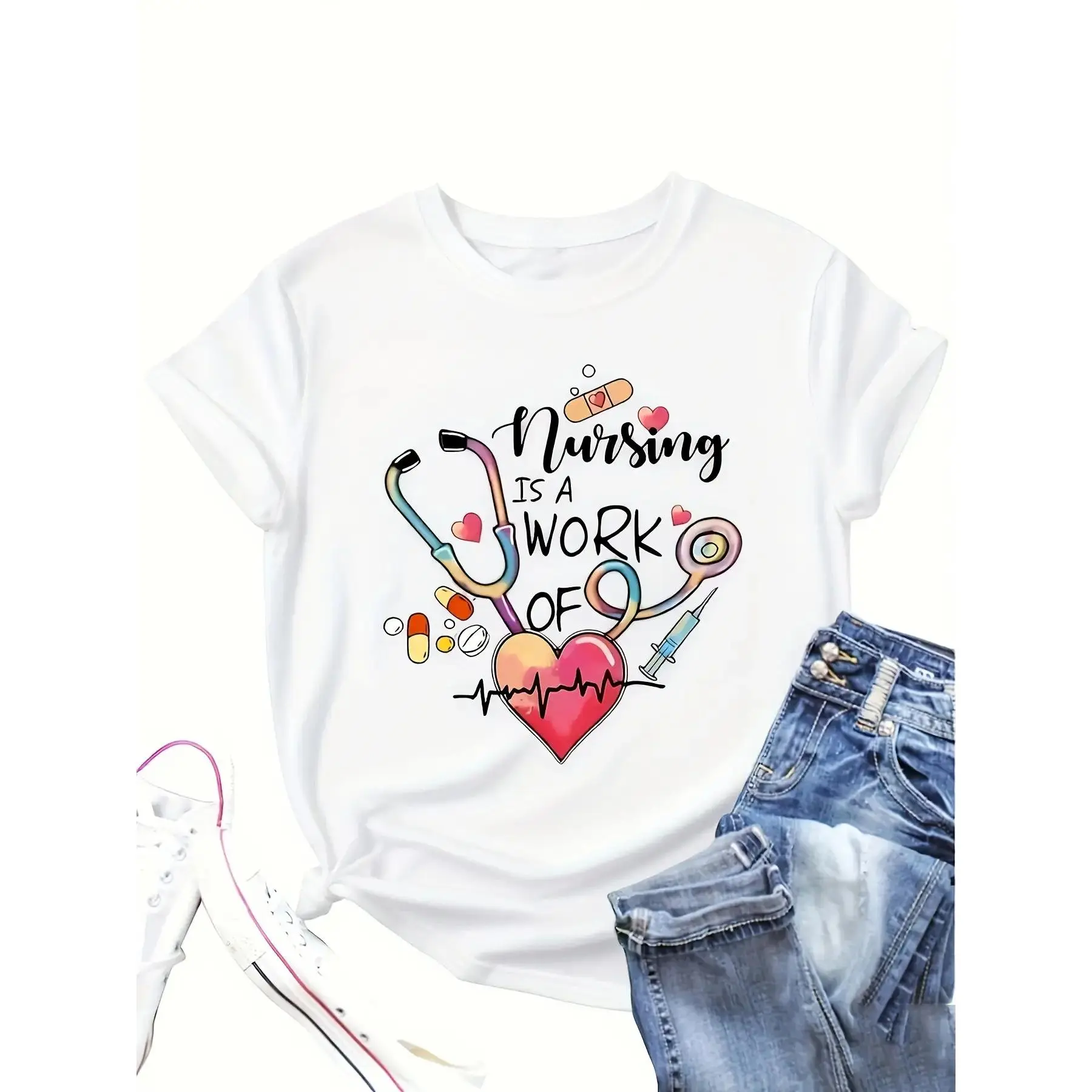 Women's Nursing Pattern T-Shirt- Light Yellow Heart Stethoscope Design Nurse Shirt- 180g Soft Breathable Top for Nursing and Professionals- Daily Leisure Work Gear, Nurse Gifts, Travel Friendly, Comfortable Crew Neck Short Sleeve T-Shirt,