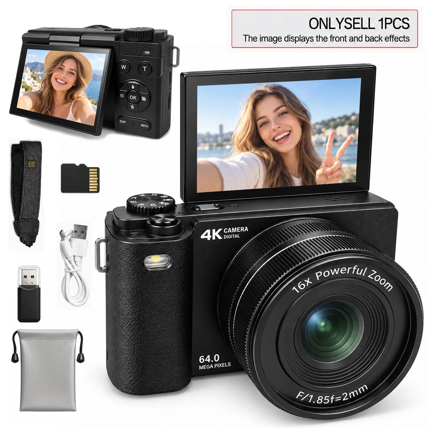 Compact Digital Camera with 180° Flip Screen, Portable Vlogging Camera, Includes Storage Card, Elegant Camera Bag, Dedicated Lanyard, Ideal for Vlogging and Photography