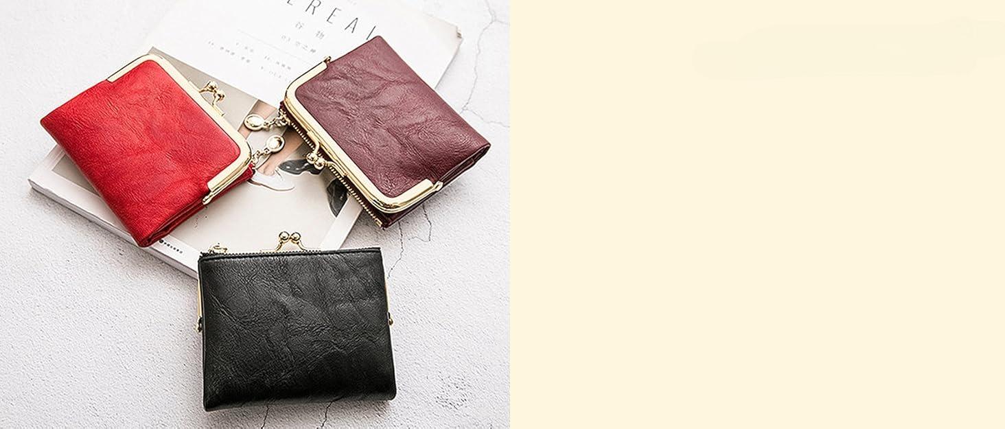 Women's Vintage Leather Wallet with Kiss Lock, Small Compact RFID Blocking Bifold Coin Purse, Ladies Money Organizer with Zipper Pocket for Cash and Cards