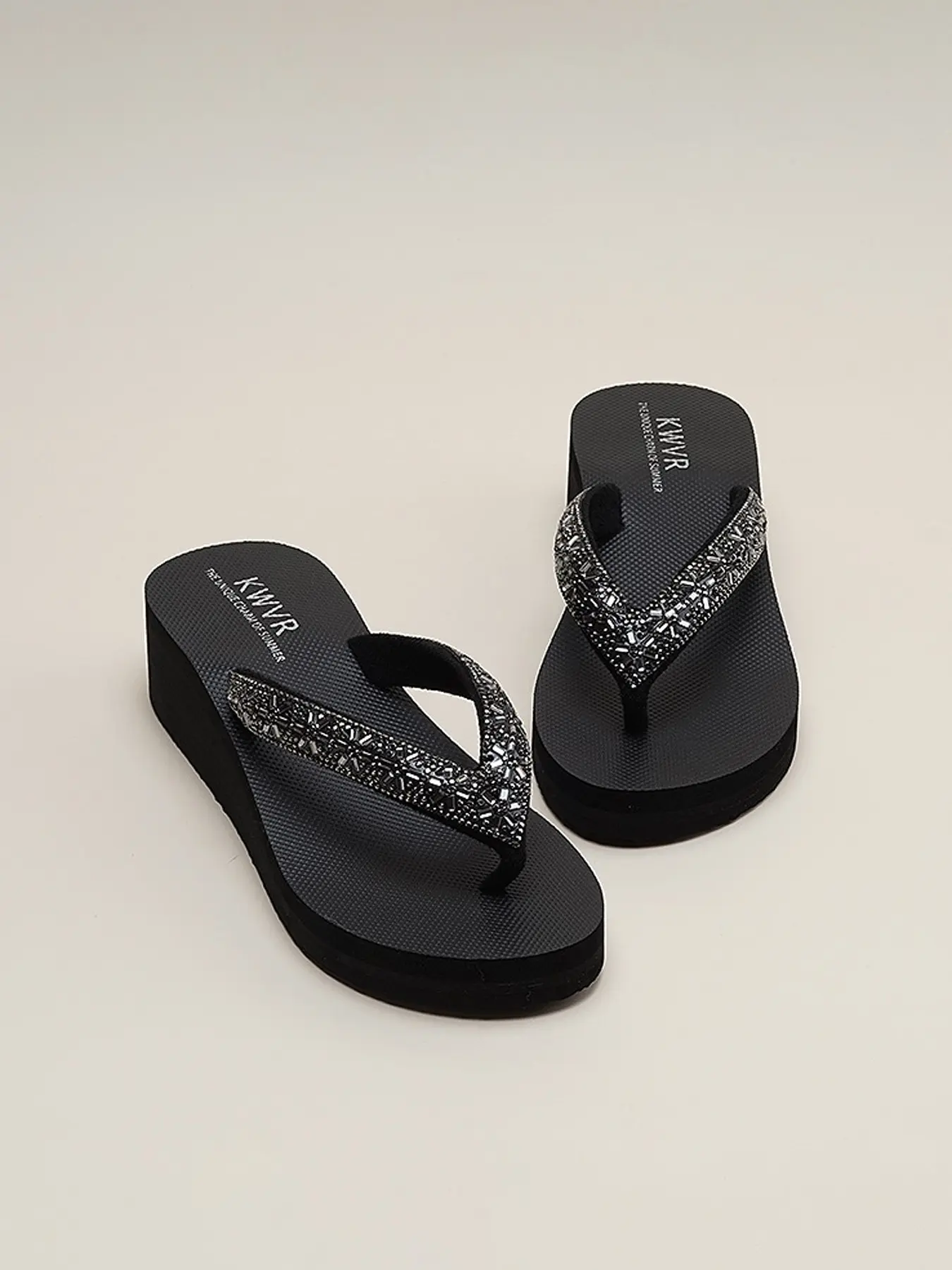 Ladies Bling Crystal Strap Wedge Flip Flops, Lightweight Cushioned Sole Casual Outdoor Elegant Sandals, Flip Flop Wedges