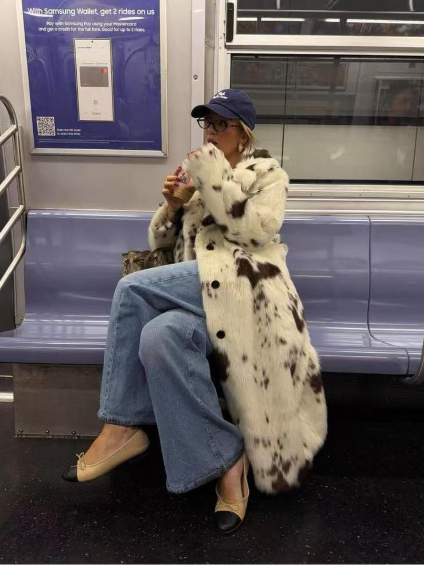 Women's Cow Print Faux Fur Coat, Thick Warm Loose Long Jacket for Fall & Winter, Eco-Friendly Imitation Leather Outerwear