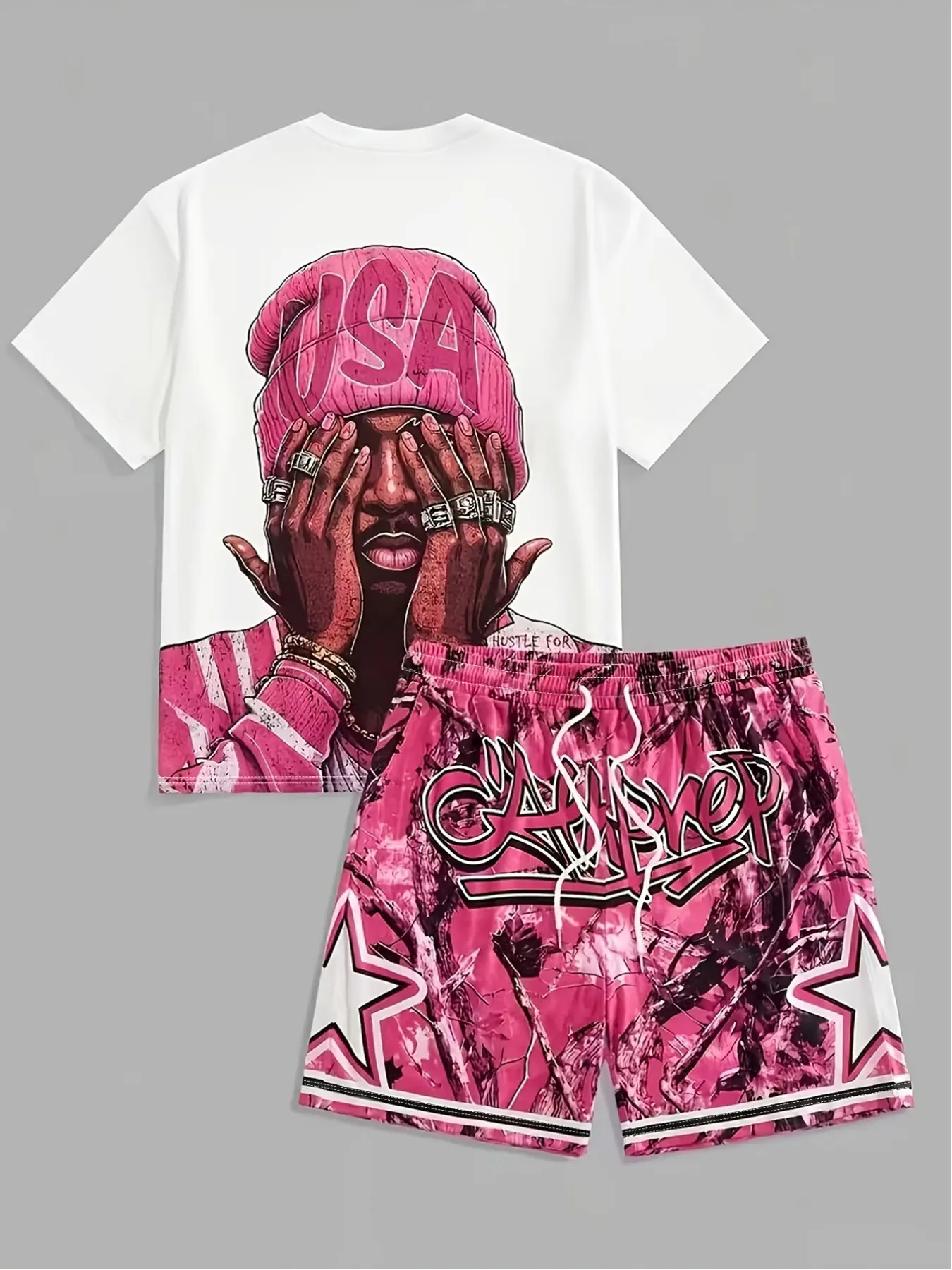 Hip Hop Usa Man Print Tee, Camo Star Shorts, 2 Piece, Matching, Loose-Fitting, Street Style, Unlined, Raised-Fiber Surface, Streetwear