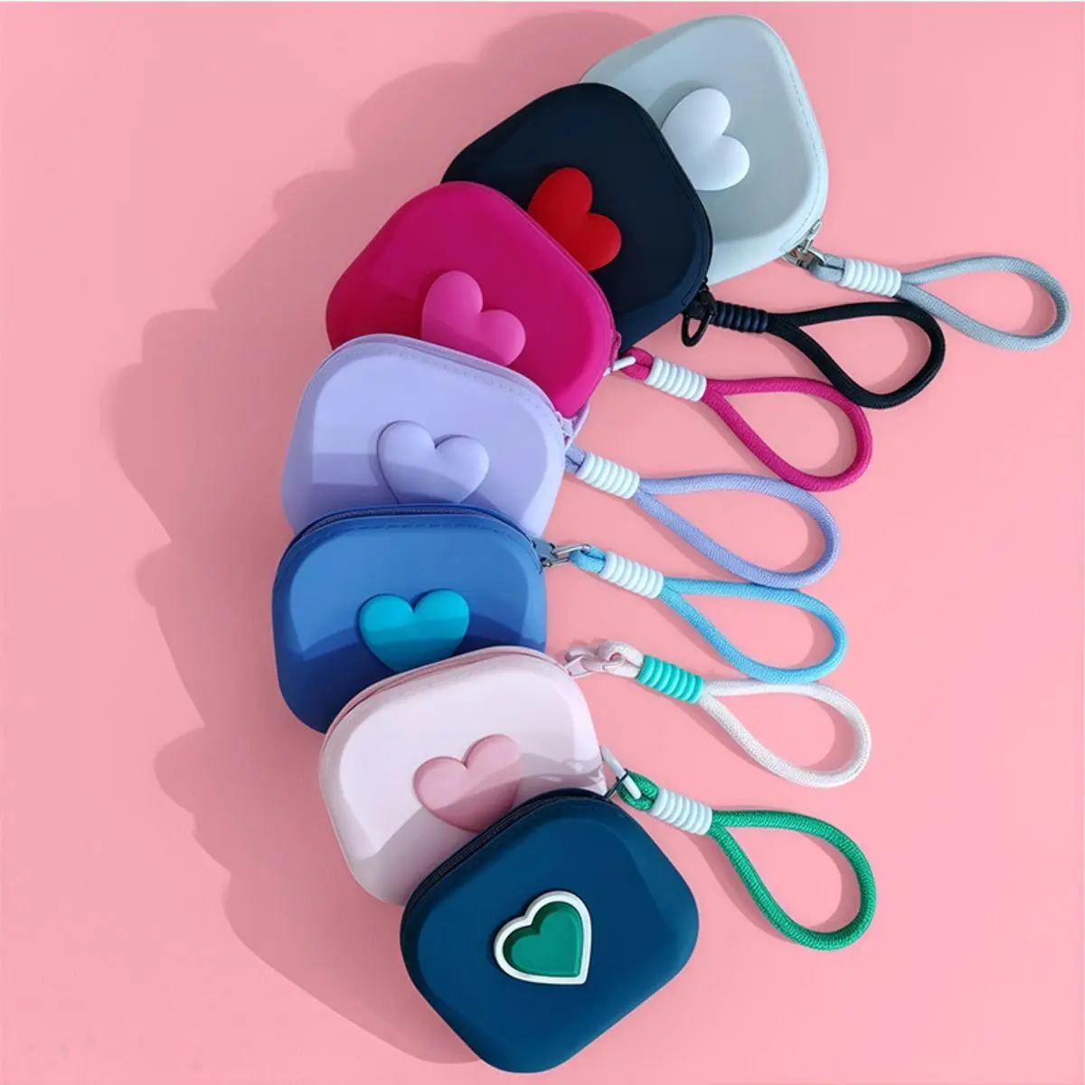 Cute Heart Square Silicone Mini Pouch With Hand Strap, Multifunctional Earbud Storage Case, Portable Coin Purse For Keys Cards AirPods All Wireless Earphones tiktokshopbacktoschool