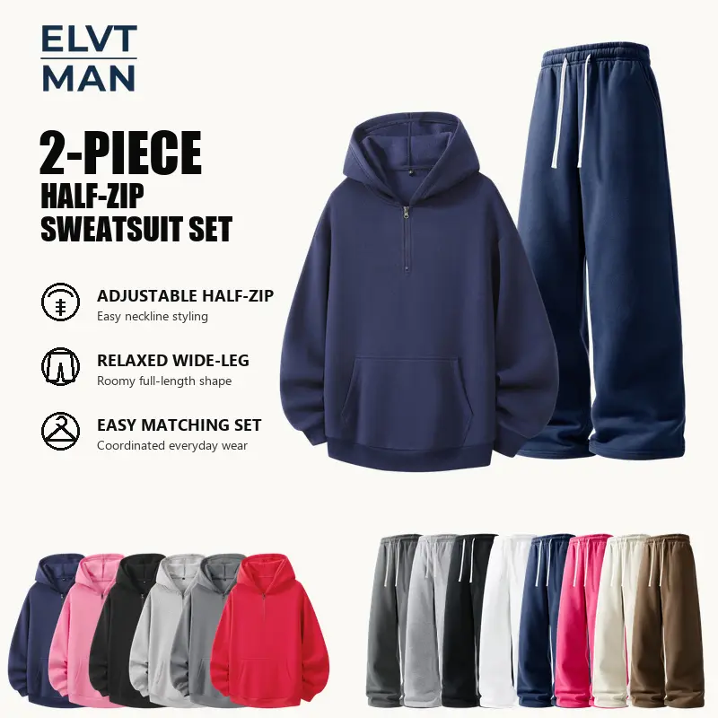Men's 2-Piece Casual Sweatsuit Set, Mixed Color Half-Zip Hoodie and Drawstring Sweatpants, Loose Fit with Pockets, Sizes S-XXL, Daily Lounge Travel Streetwear, Menswear, Plain
