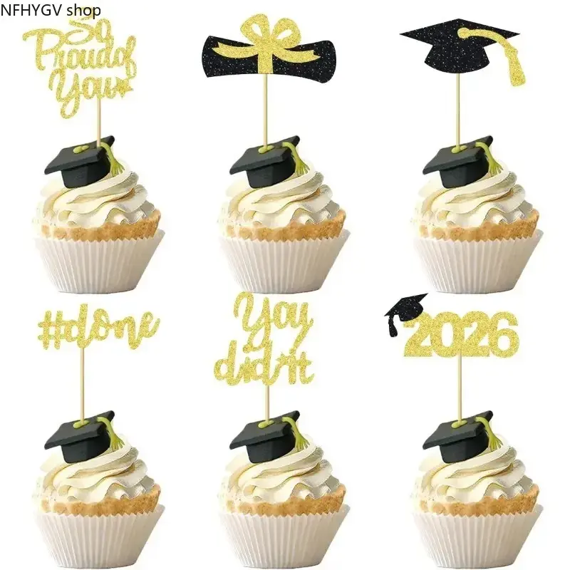 12/24Pcs Glitter 2026 Graduation Cupcake Toppers, Grad Cap Diploma Cake Picks With Slogan, Sparkly Grad Theme Ornaments For High School College Grad Party DIY Sweet Table Decoration Supplies