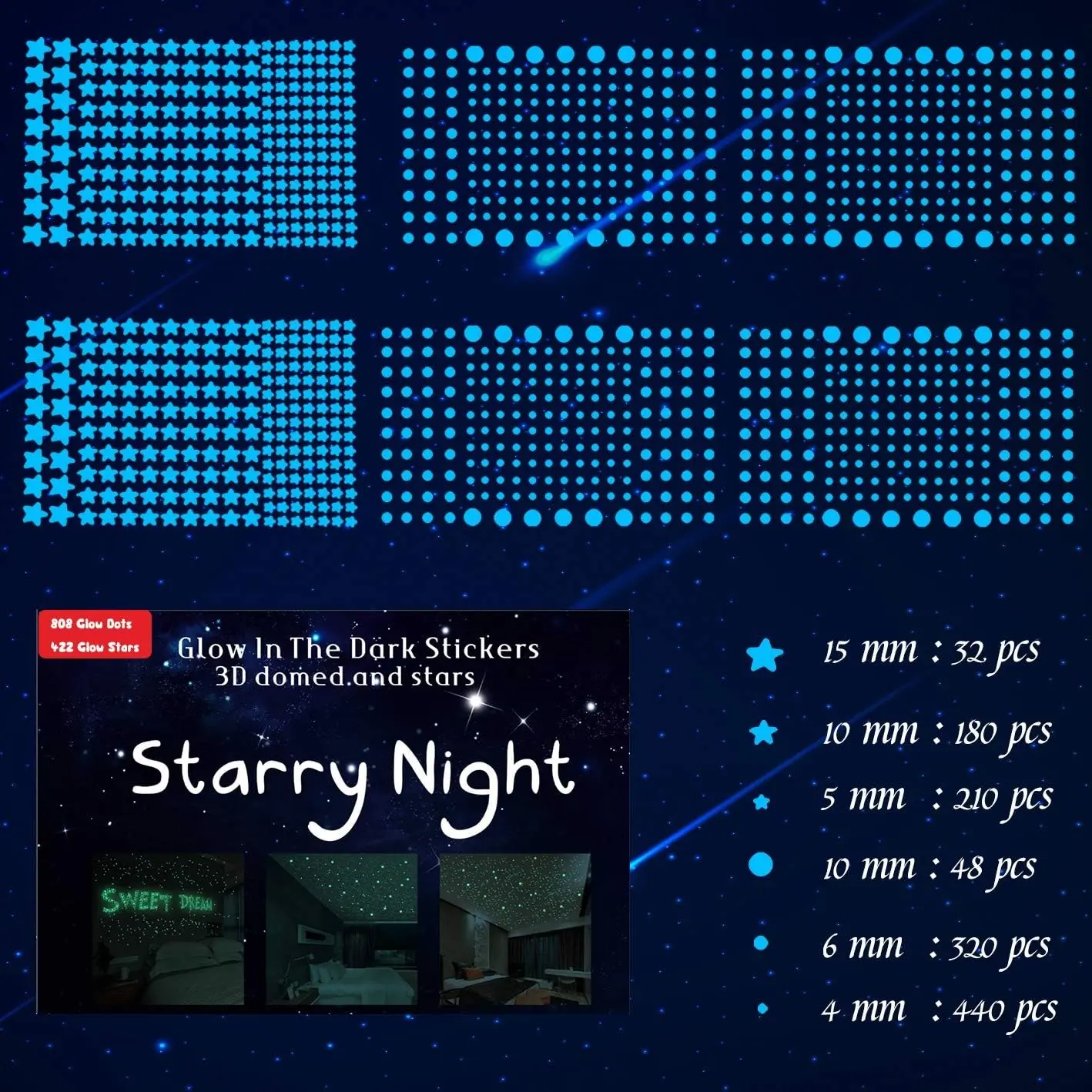 1230 Glow in the Dark Stars and Dots Ceiling Stickers (Blue)(Gift)