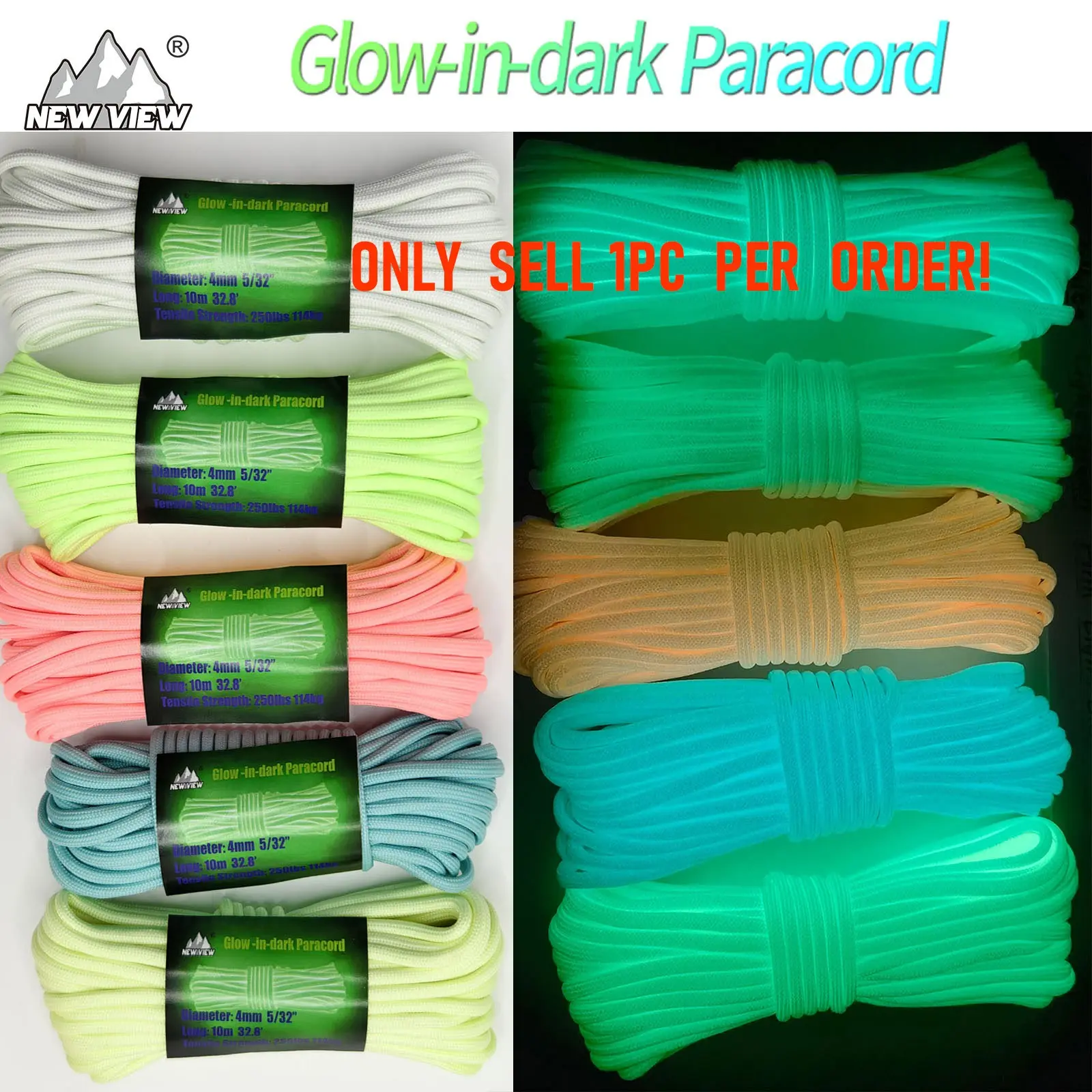4mm Glow-in-dark Paracord, Synthetic Rope, Polyester Rope, 10m Long, 250lb Tensile Strength, Ideal for Weaving, Camping, and Outdoor Activities