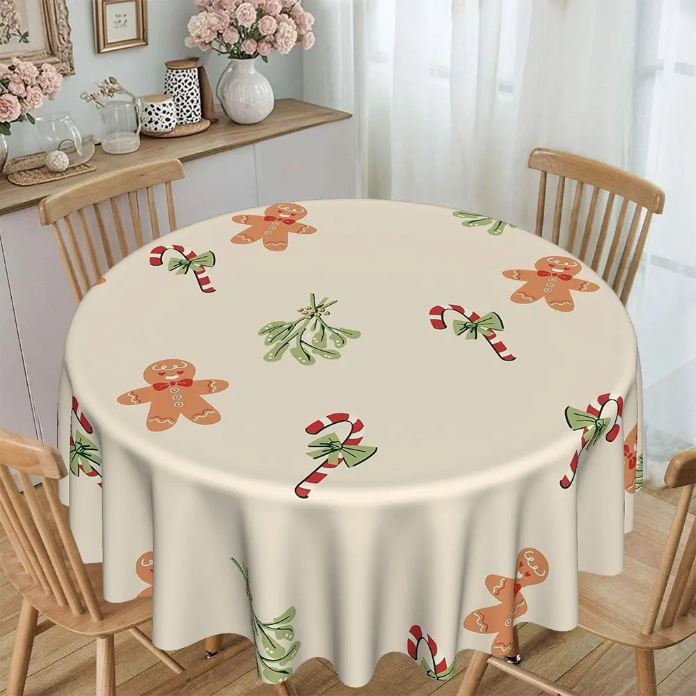 Christmas Gingerbread Man Tablecloth, 2D Flat Print, Polyester, 120g/m², Round, Kitchen Restaurant Decor, Party Gift, Hotel Home Use