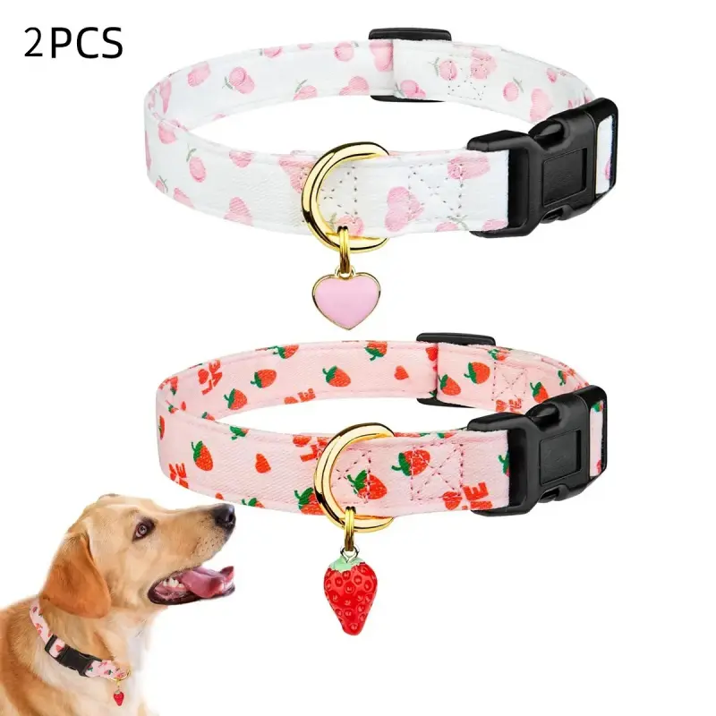 Dog Collars 2-Piece Polyester Set - Cute Prints, Heart Charms - Ideal Valentine’s Gift for Dogs